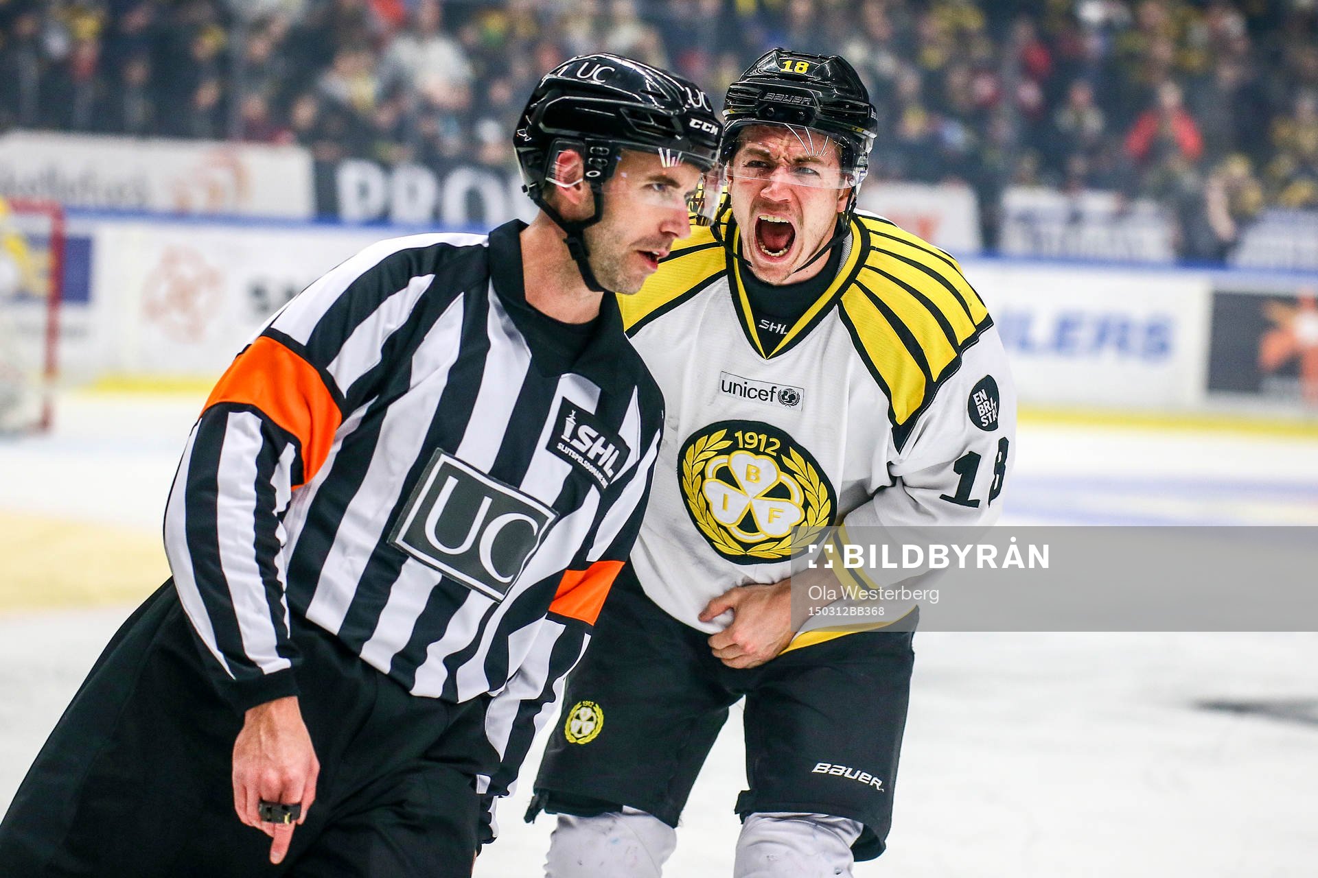 Brynäs Anton Rödin skriker på domaren Linus Öhlund