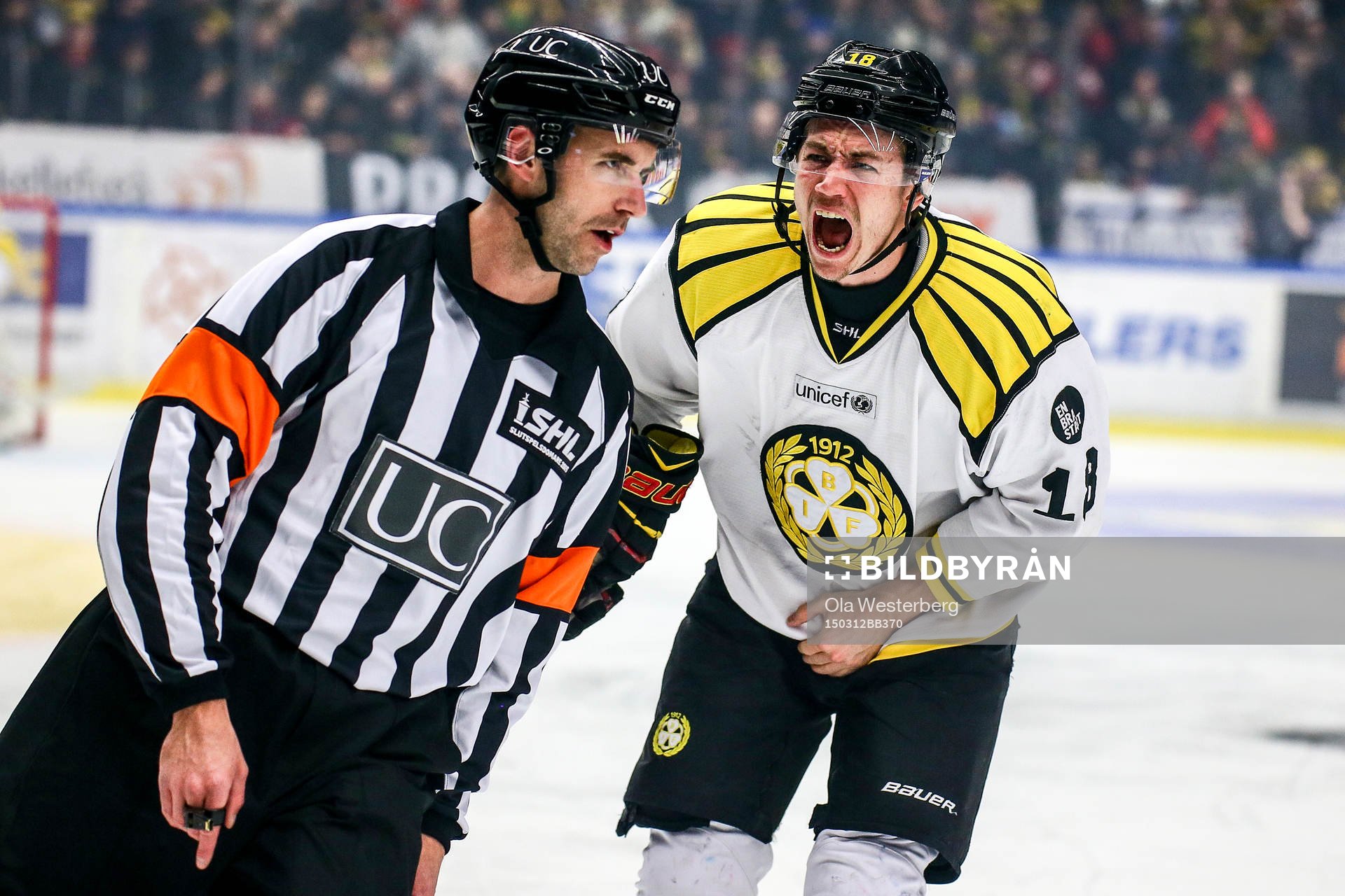 Brynäs Anton Rödin skriker på domaren Linus Öhlund