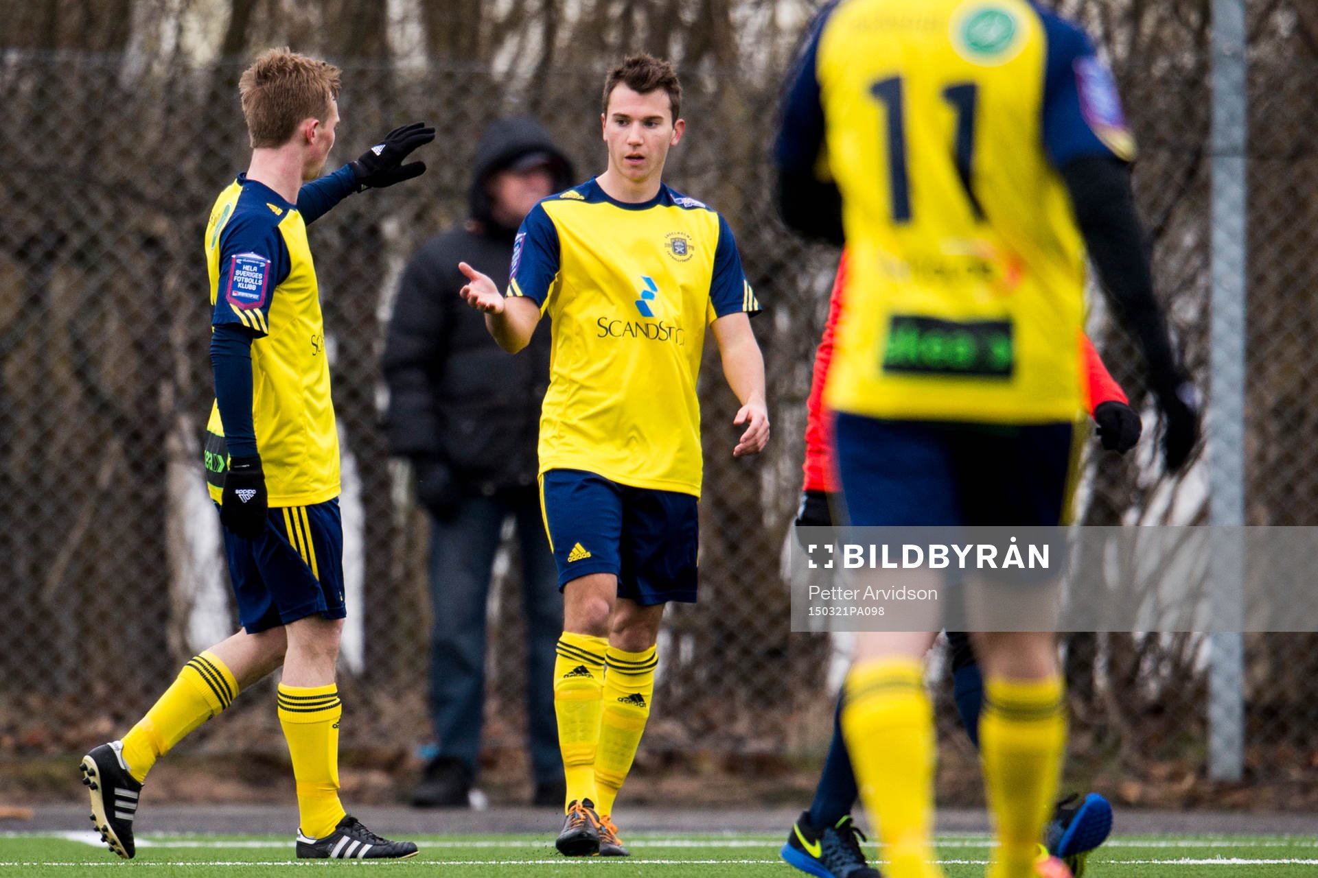 Ängelholms Michael Baggner (m) efter sitt 0-2 mål under en träningsmatch i fotboll mellan Landskrona och Ängelholm den 21 mars 2015 i Landskrona.