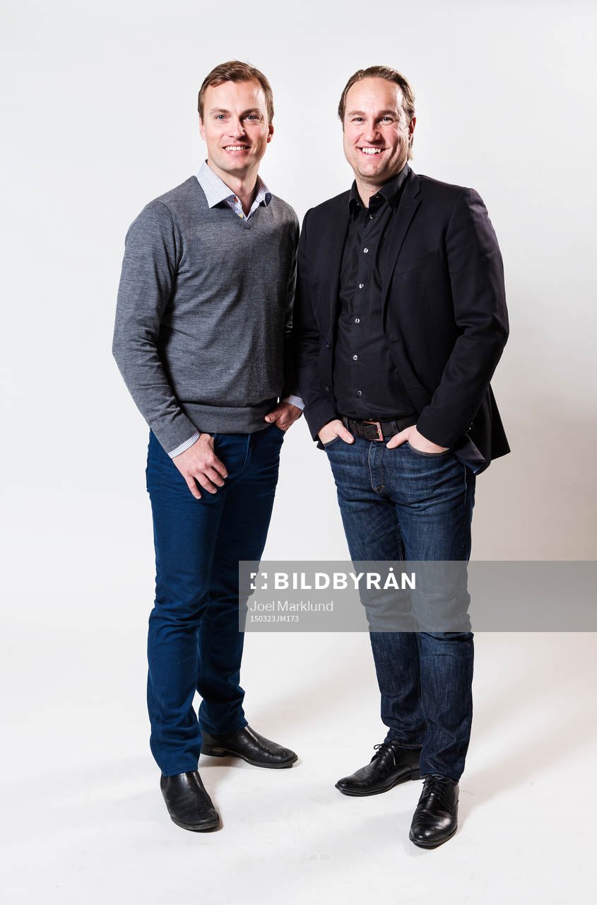 Markus Johannesson och Chris Härenstam under en upptaktsträff för Allsvenskan i fotboll den 23 mars 2015 i Stockholm.