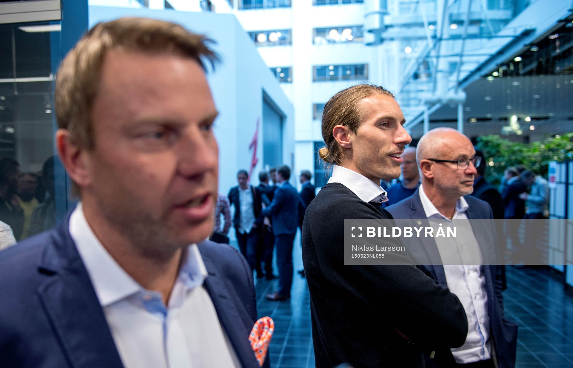 Hans Eklund, tränare Falkenberg och Tobias Carlsson under upptaktsträffen inför Allsvenskan i fotboll den 23 mars 2015 i Stockholm.
