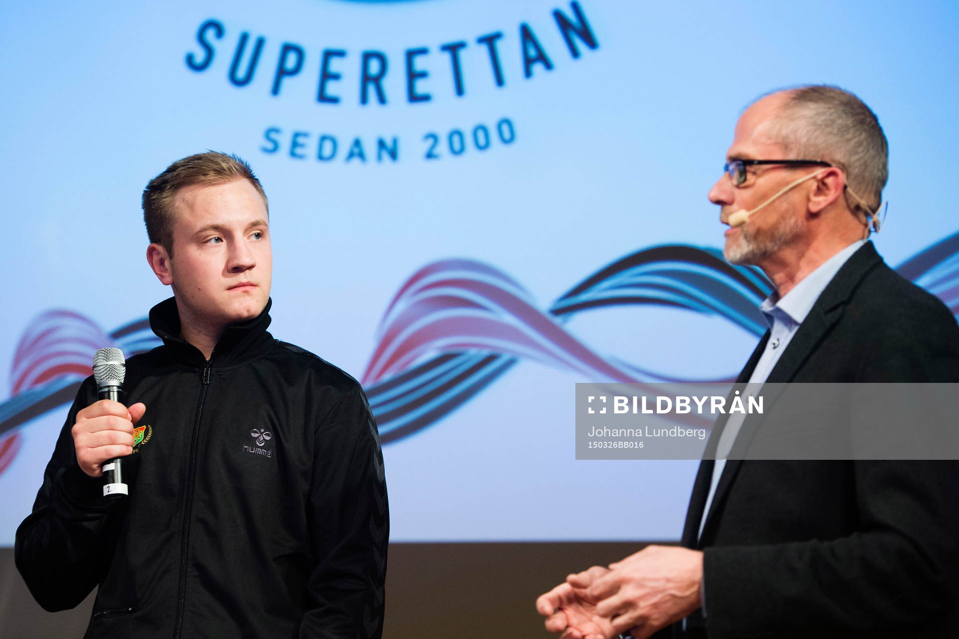 John Pernsved, SFSU, och Lars-Krister Olsson, Svensk Elitfotboll, under upptaktsträffen inför Superettan i fotboll den 26 mars 2015 i Stockholm.