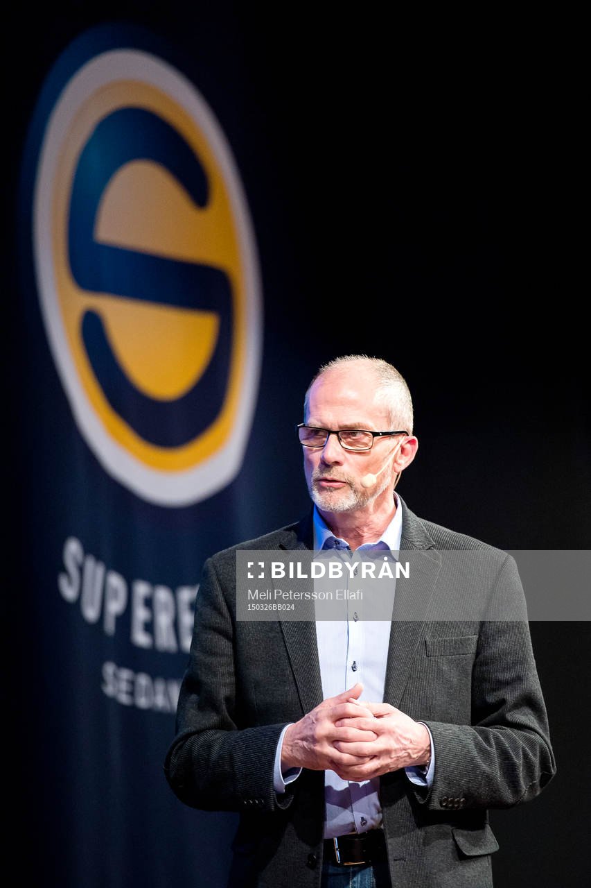 Lars-Christer Olsson från Svensk Elitfotboll under upptaktsträffen inför Superettan i fotboll den 26 mars 2015 i Stockholm.