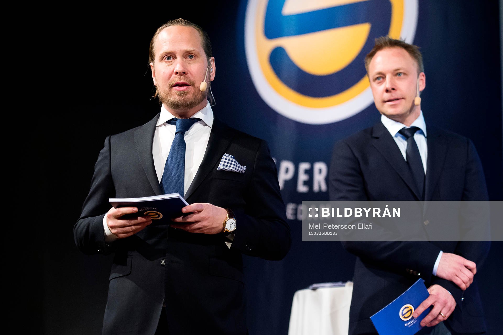Jesper Hussfelt och Anders Andersson under upptaktsträffen inför Superettan i fotboll den 26 mars 2015 i Stockholm.