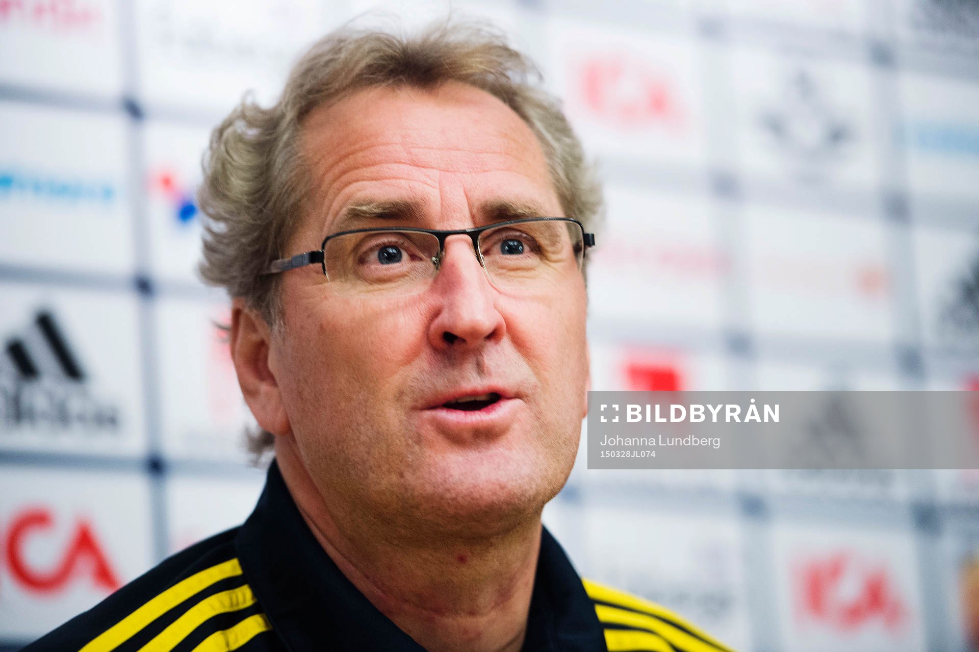 Sveriges förbundskapten Erik Hamrén  under en presskonferens anordnad av svenska fotbollsförbundet den 28 mars 2015 i Stockholm.