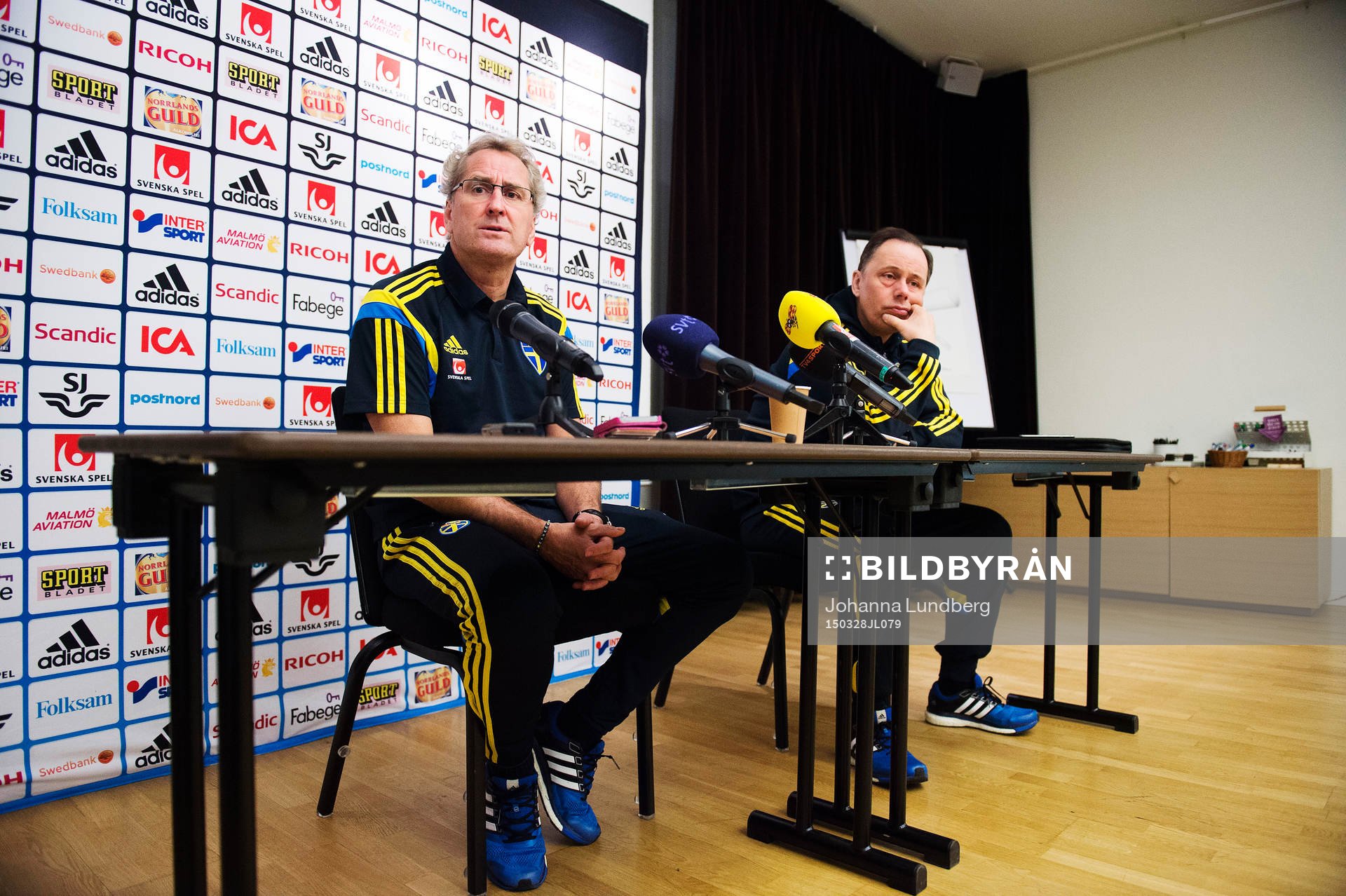 Sveriges förbundskapten Erik Hamrén  under en presskonferens anordnad av svenska fotbollsförbundet den 28 mars 2015 i Stockholm.