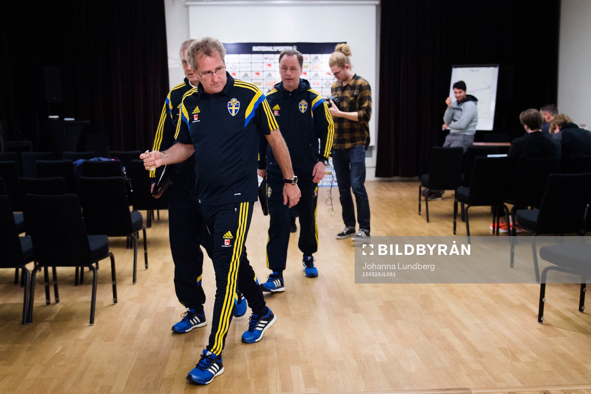 Sveriges förbundskapten Erik Hamrén  under en presskonferens anordnad av svenska fotbollsförbundet den 28 mars 2015 i Stockholm.