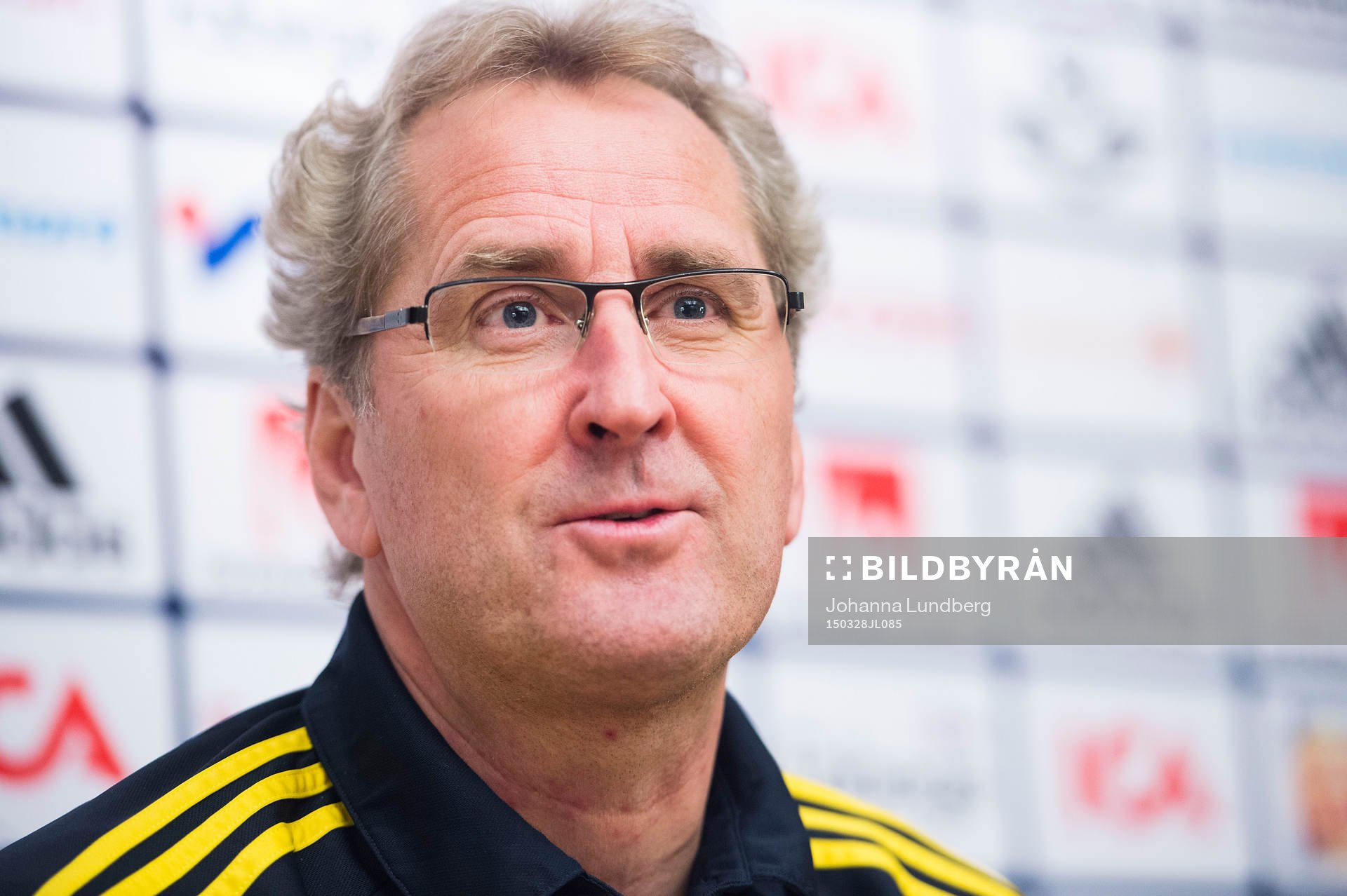 Sveriges förbundskapten Erik Hamrén  under en presskonferens anordnad av svenska fotbollsförbundet den 28 mars 2015 i Stockholm.