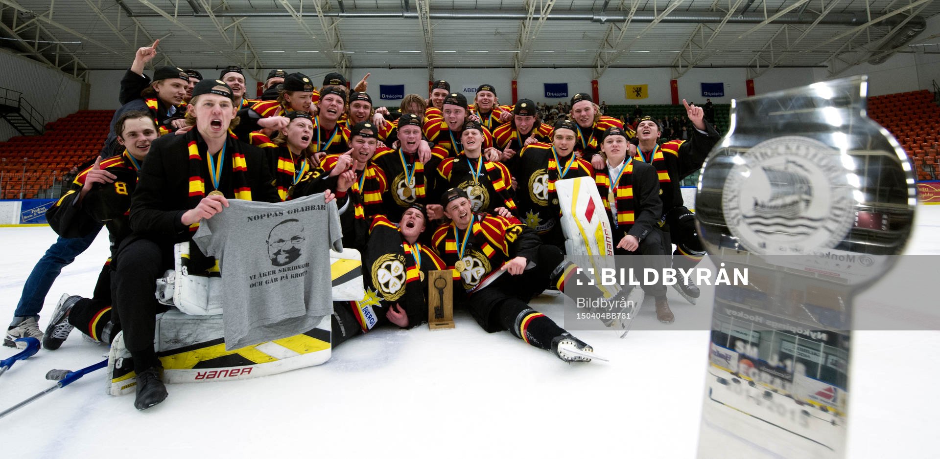 Brynäs lag jublar i en lagbild med SM pokalen