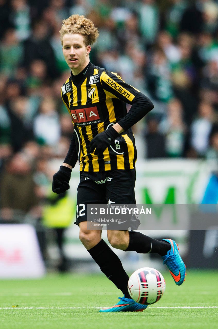 Häckens Samuel Gustafson under fotbollsmatchen i Allsvenskan mellan Hammarby och Häcken den 4 april 2015 i Stockholm.