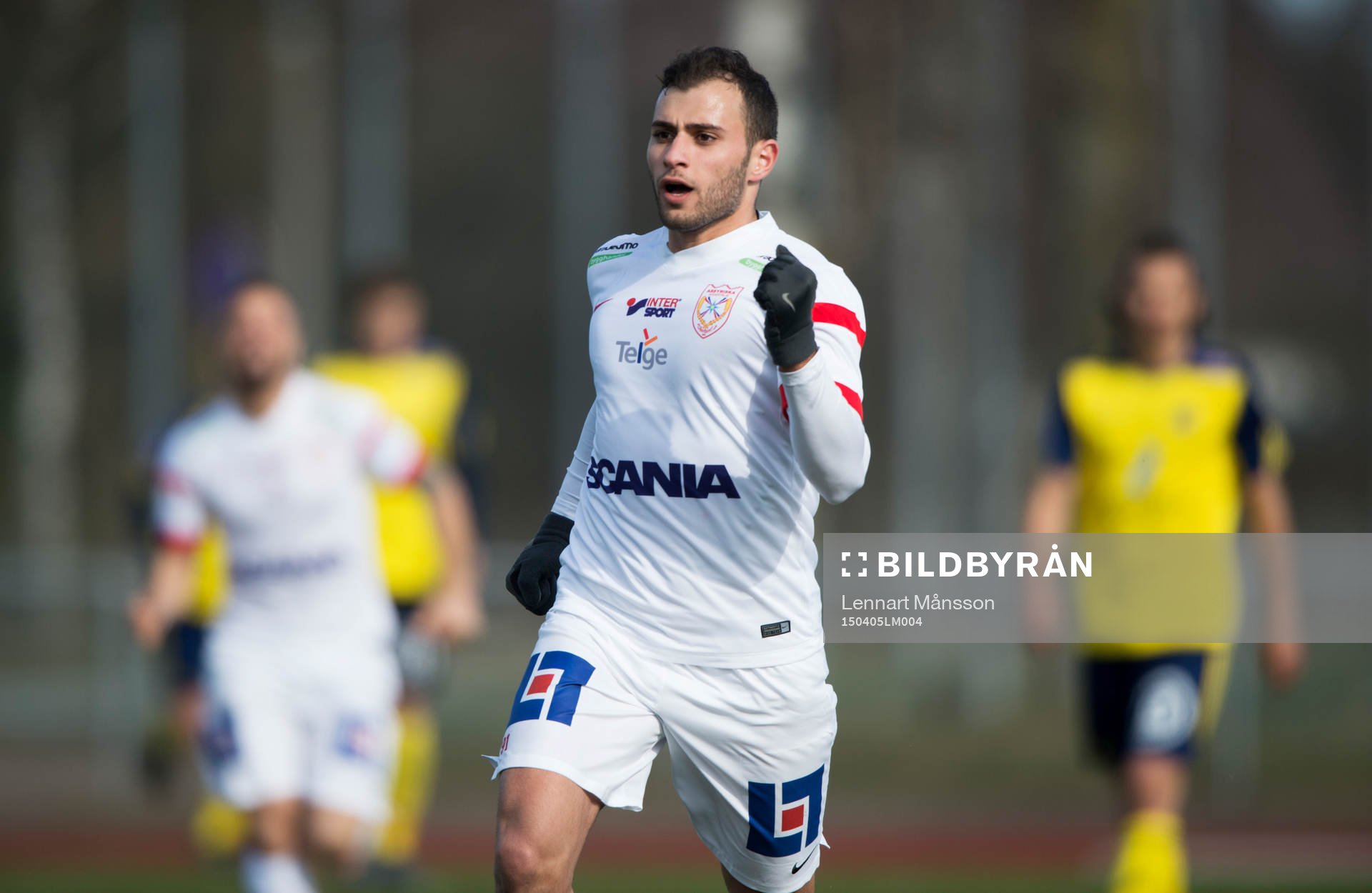 Assyriskas Mattias Genc har gjort 0-1 och jublar i matchen i Superettan mellan Ängelholm och Assyriska i Ängelholm 5 april 2015.