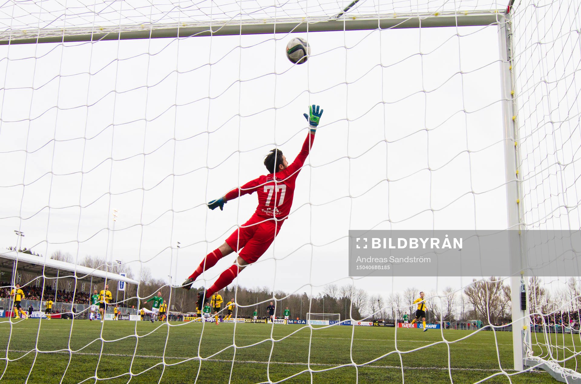IK Frej Täbys målvakt Marko Atanackovic släpper in 0-1 på skott av Jönköpings Södras Ronny Sabo under fotbollsmatchen i Superettan mellan IK Frej och Jönköpings Södra 6 April 2015 i Stockholm.