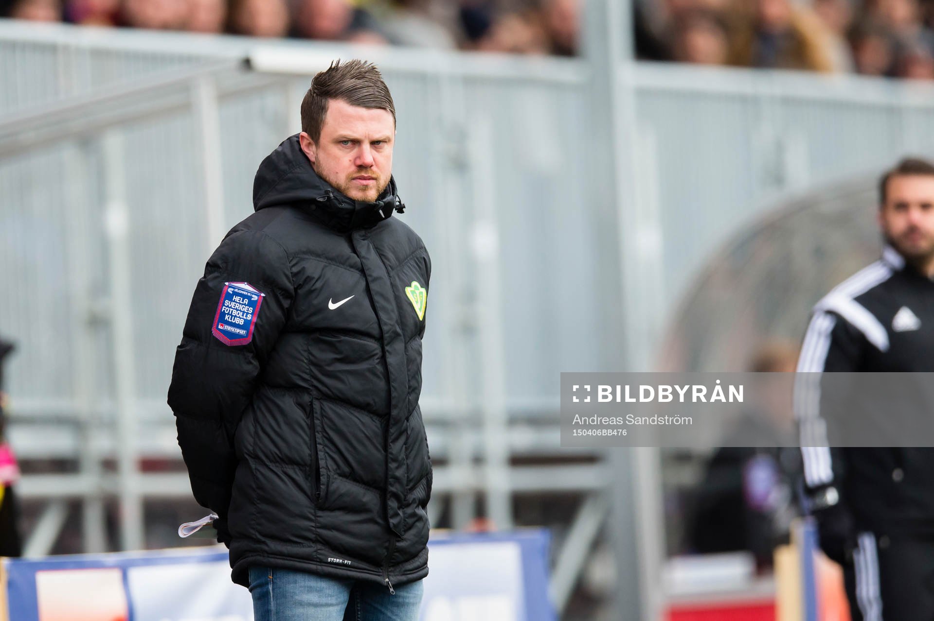 Jönköpings Södras tränare Jimmy Thelin under fotbollsmatchen i Superettan mellan IK Frej och Jönköpings Södra 6 April 2015 i Stockholm.
