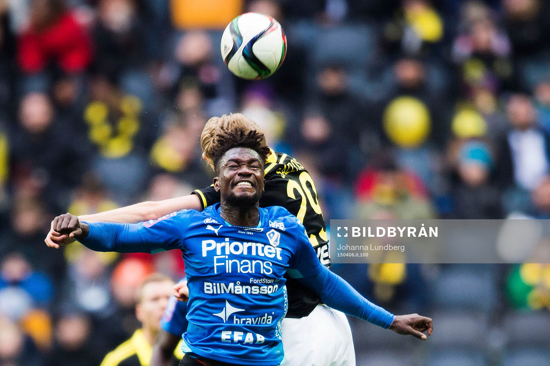 Halmstads King Osei Gyan under fotbollsmatchen i Allsvenskan mellan AIK och Halmstad den 6 april 2015 i Stockholm.