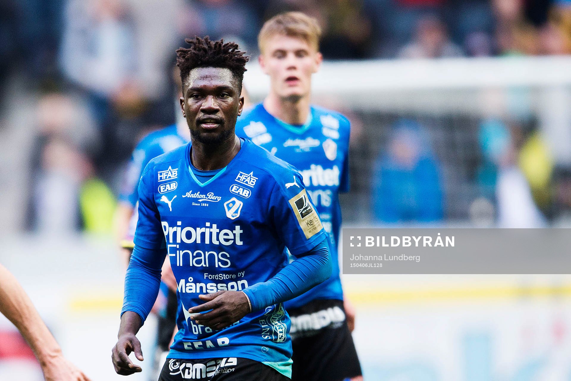 Halmstads King Osei Gyan under fotbollsmatchen i Allsvenskan mellan AIK och Halmstad den 6 april 2015 i Stockholm.
