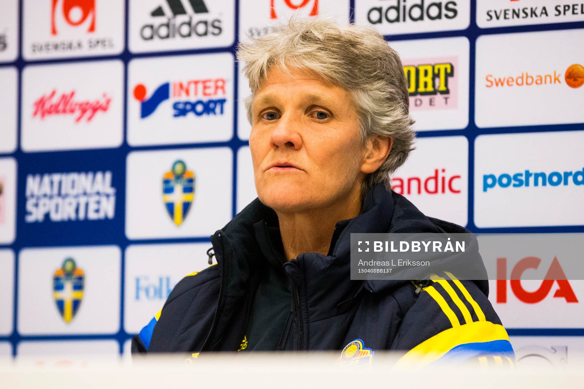 Sveriges förbundskapten Pia Sundhage under presskonferensen efter fotbollslandskampen mellan Sverige och Danmark den 8 april 2015 i Stockholm.