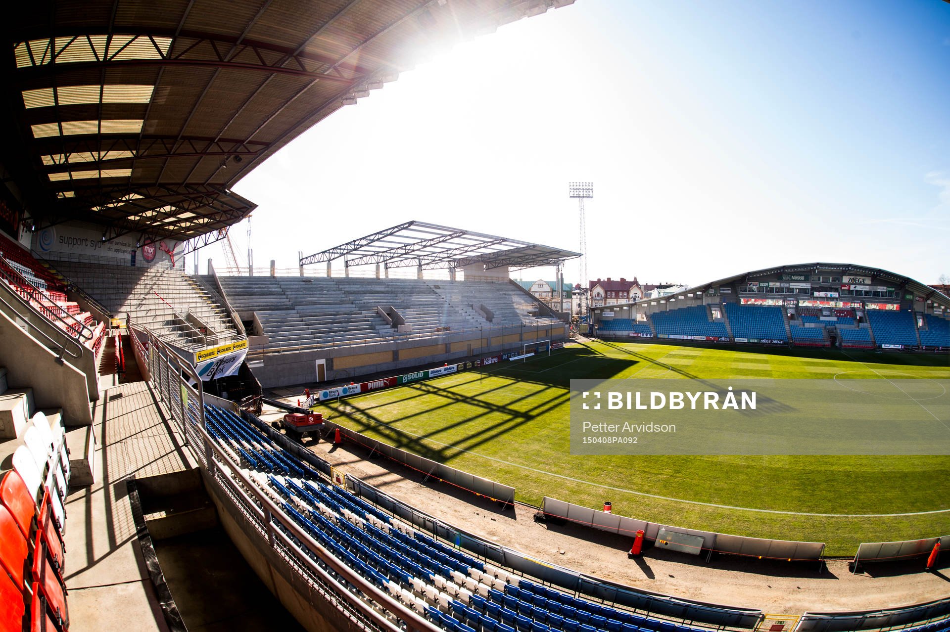 Interiör Olympia med södra läktaren under konstruktion inför fotbollsmatchen i Allsvenskan mellan Helsingborg och Falkenberg den 8 april 2015 i Helsingborg.