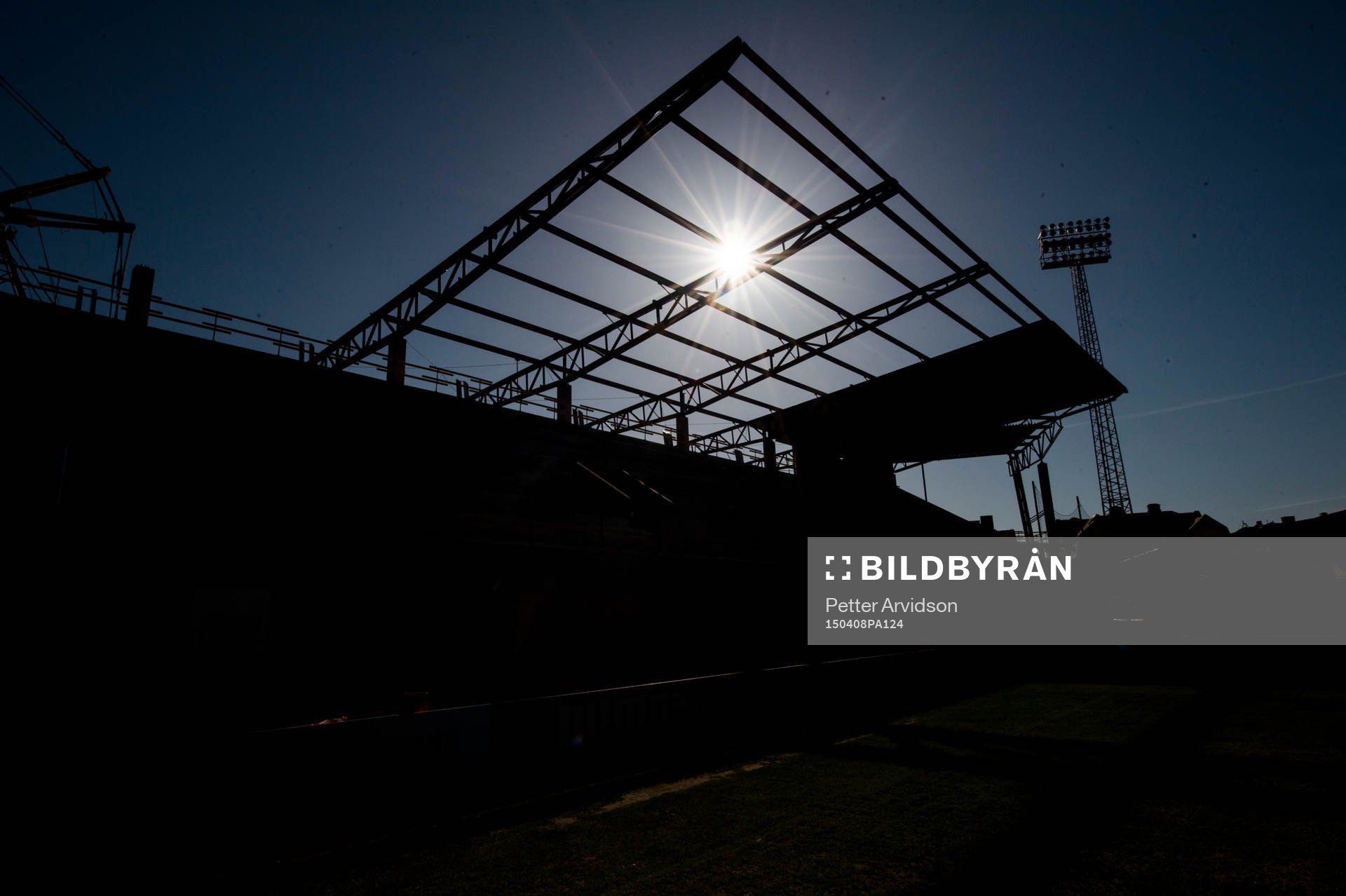 Interiör Olympia med södra läktaren under konstruktion inför fotbollsmatchen i Allsvenskan mellan Helsingborg och Falkenberg den 8 april 2015 i Helsingborg.