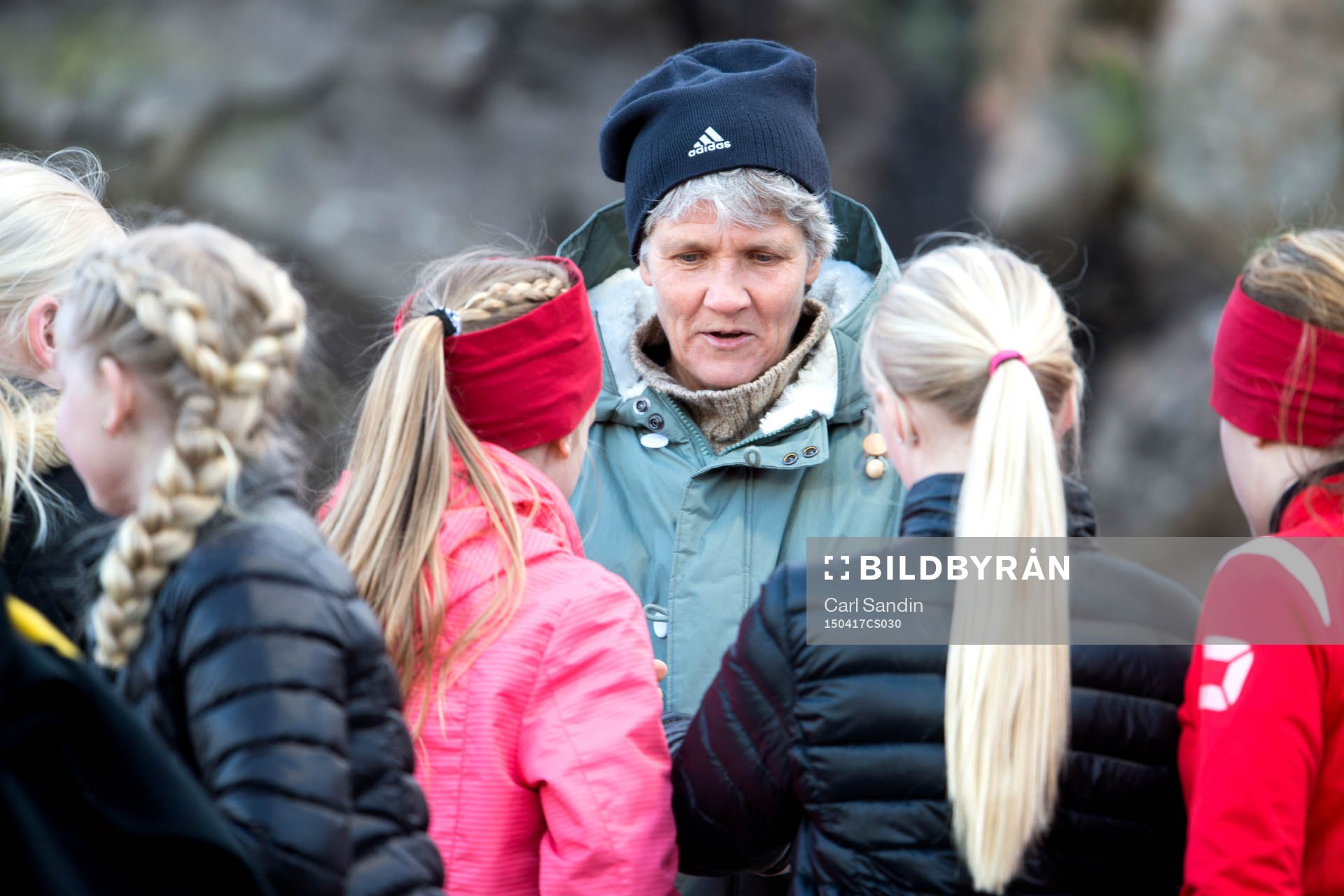Sveriges förbundskapten Pia Sundhage under en fotbollsmatch i Damallsvenskan mellan Kopparbergs Göteborg och Piteå den 17 april 2015 i Göteborg.
