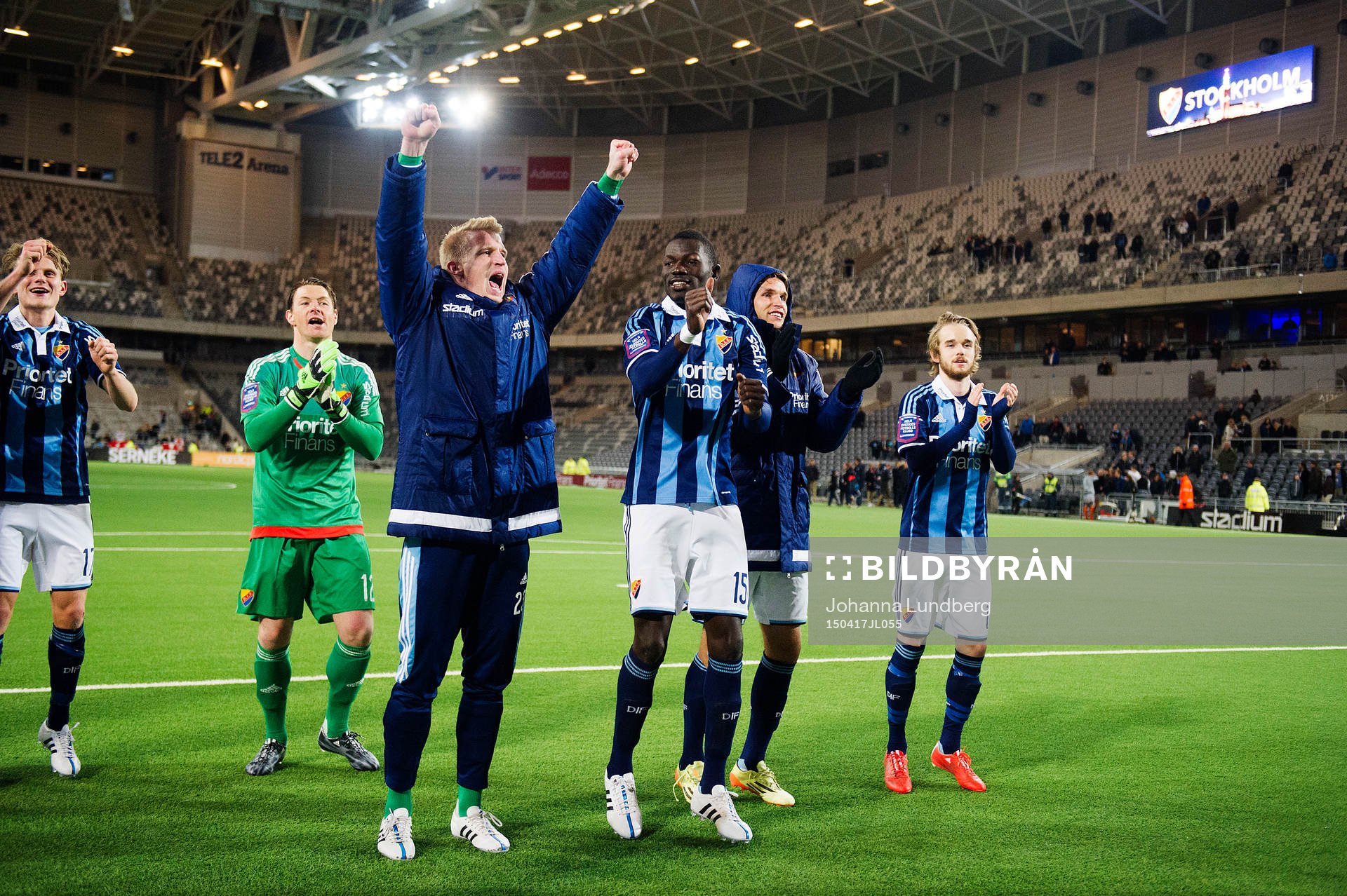 Djurgårdens målvakt Kenneth Høie, målvakt Hampus Nilsson, Omar Colley och Daniel Berntsen jublar efter fotbollsmatchen i Allsvenskan mellan Djurgården och Kalmar den 17 april 2015 i Stockholm.