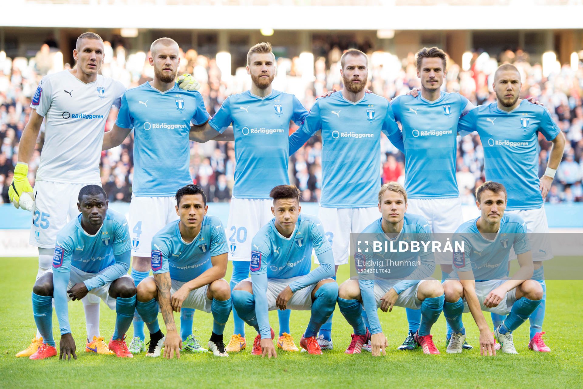 Malmö FFs målvakt Robin Olsen, Filip Helander, Rasmus Bengtsson, Jo Inge Berget, Markus Rosenberg, Filip Helander, Enock Kofi Adu, Victor Yoshimar Yotun Flores, Tobias Sana, Oscar Lewicki, Magnus Wolff Eikrem inför fotbollsmatchen i Allsvenskan mellan Malmö FF och Hammarby den 20 april 2015 i Malmö.