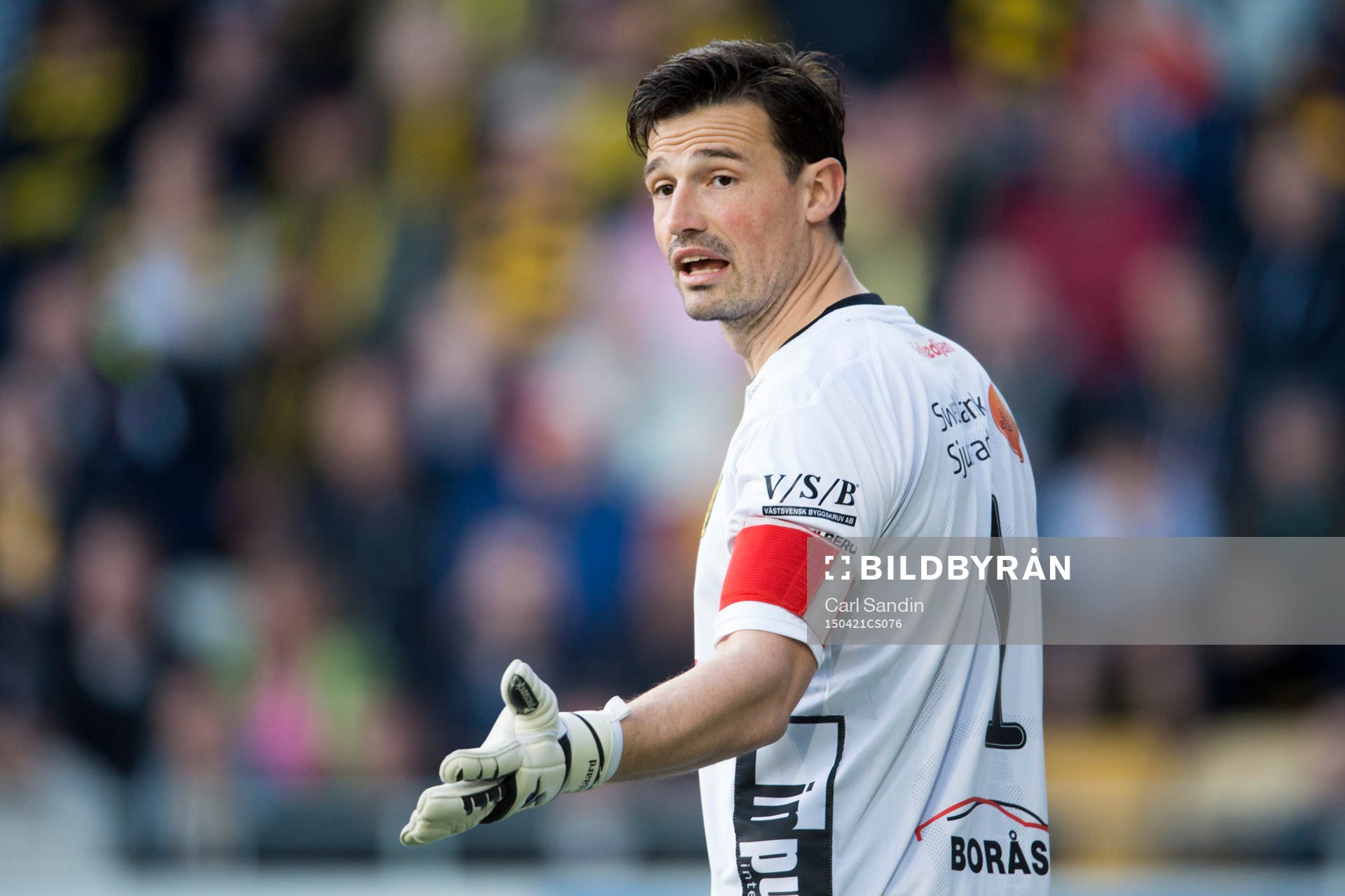 Elfsborgs målvakt Kevin Stuhr - Ellegaard under en fotbollsmatch i Allsvenskan mellan Elfsborg och AIK den 21 april 2015 i Borås.