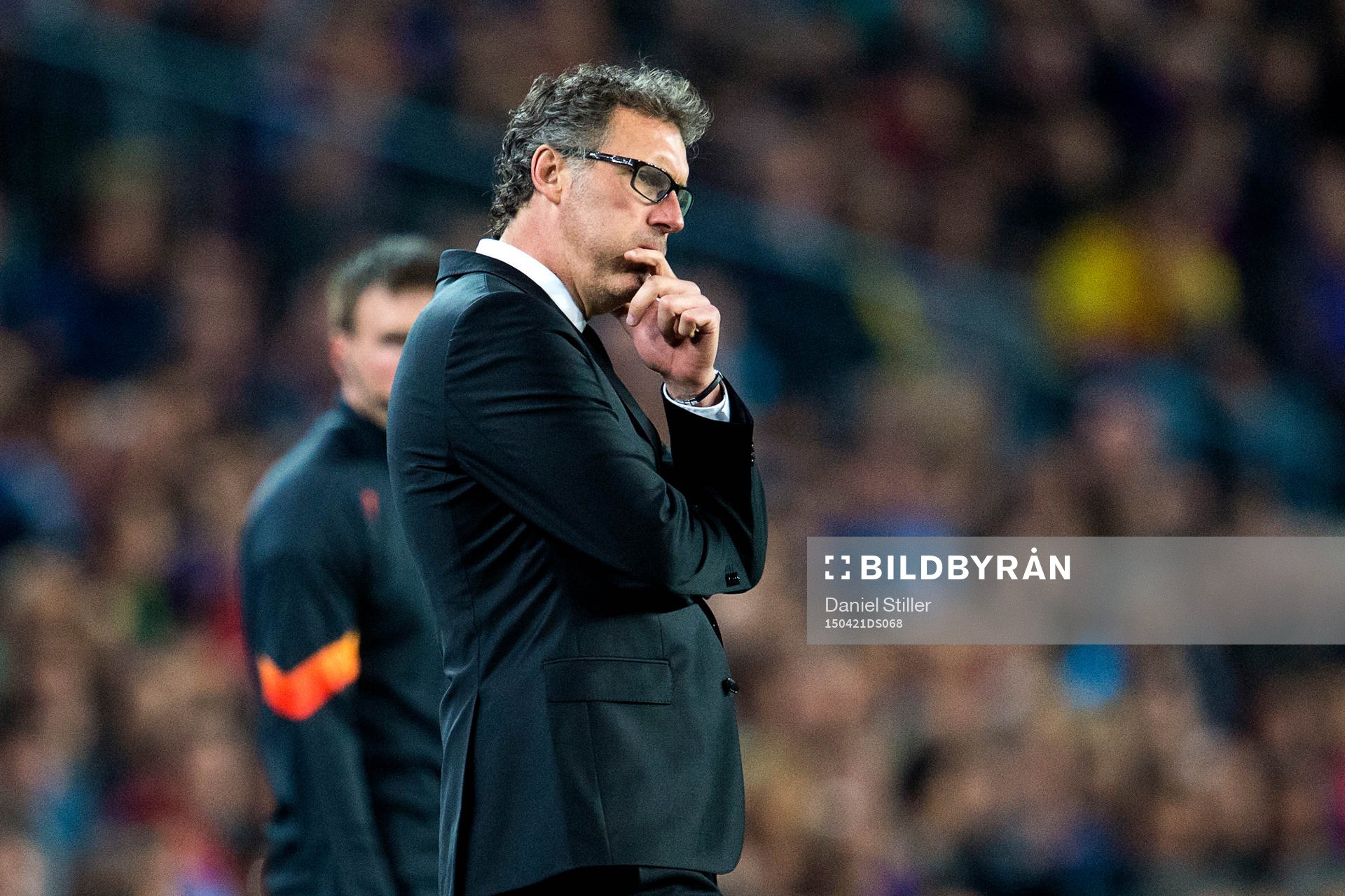 PSGs tränare Laurent Blanc under fotbollsmatchen i Champions League mellan Barcelona och Paris Saint Germain den 21 april 2015 i Barcelona.