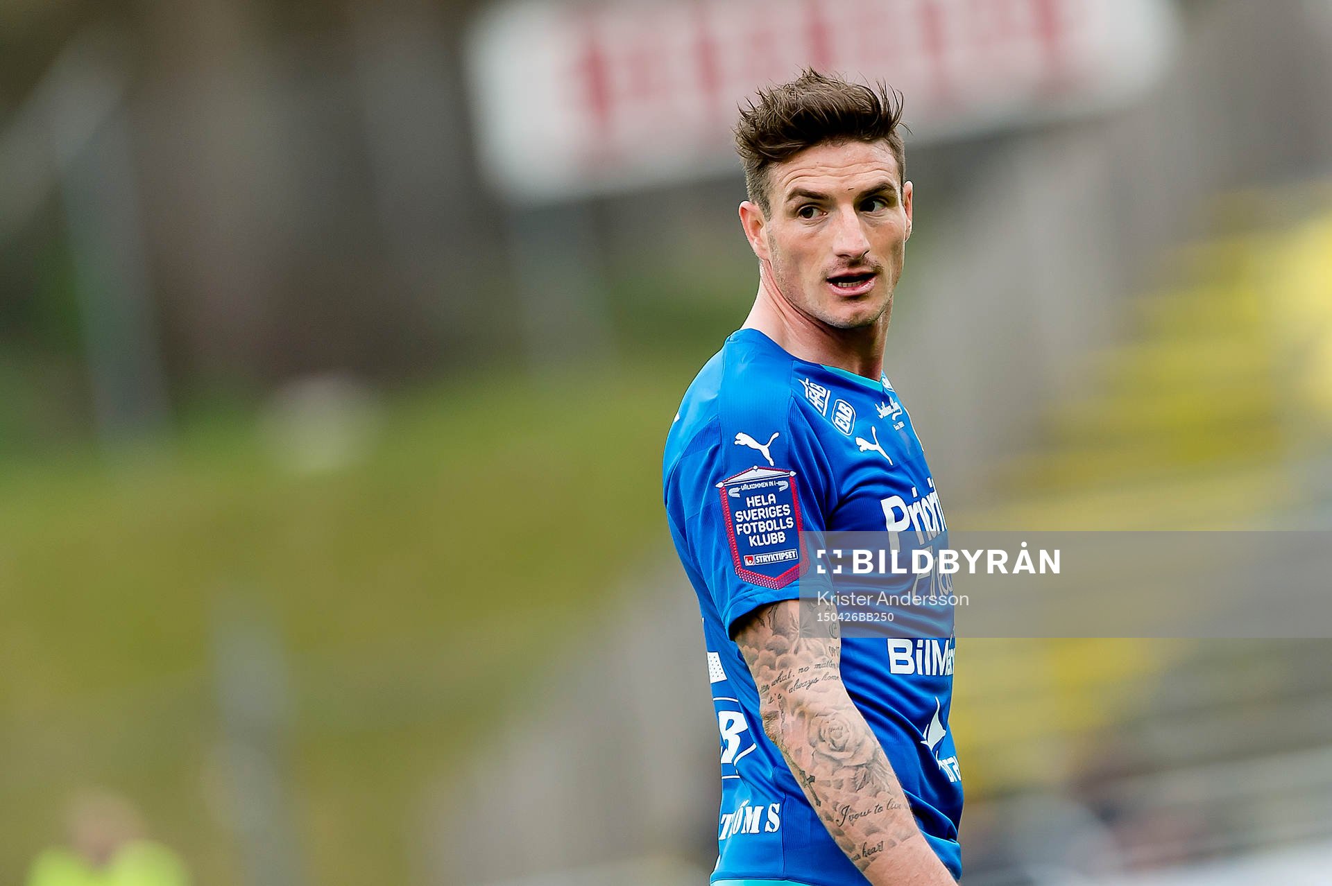 Halmstads James Keene under fotbollsmatchen i Allsvenskan mellan Halmstad och Elfsborg den 26 april 2015 i Halmstad.