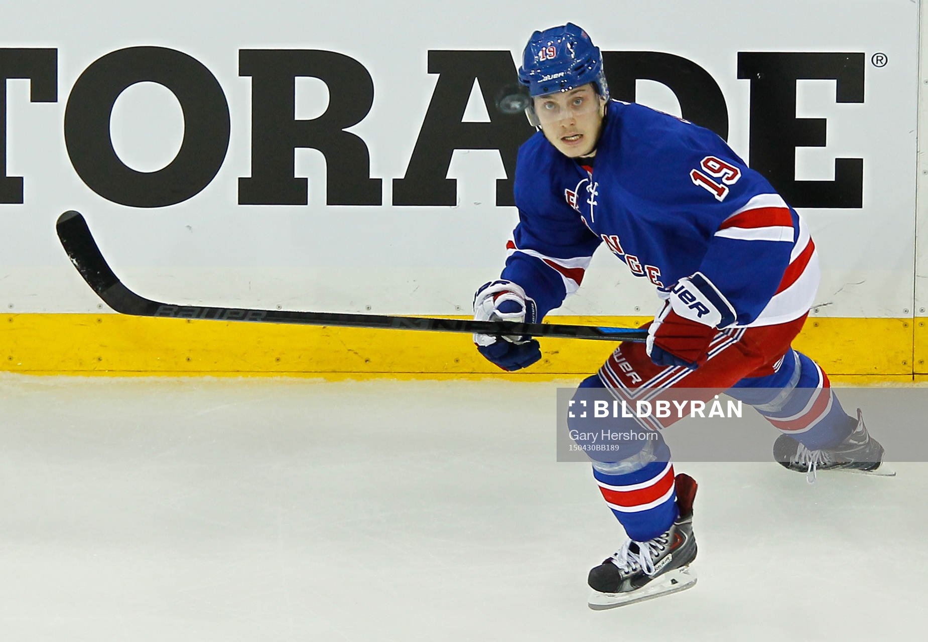 New York Rangers Jesper Fast watches the puck in the first