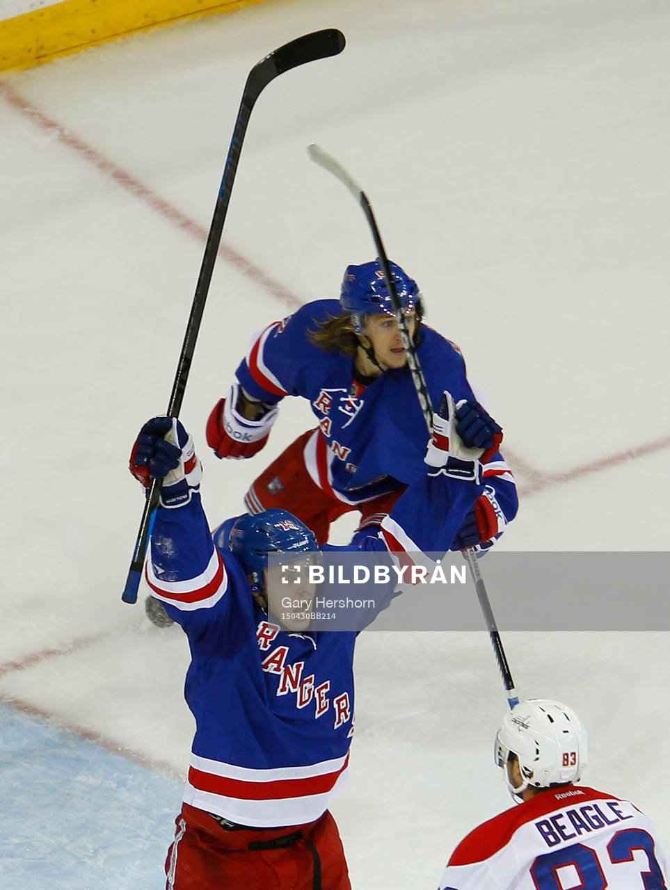 New York Rangers Jesper Fast (C) celebrates with teammate