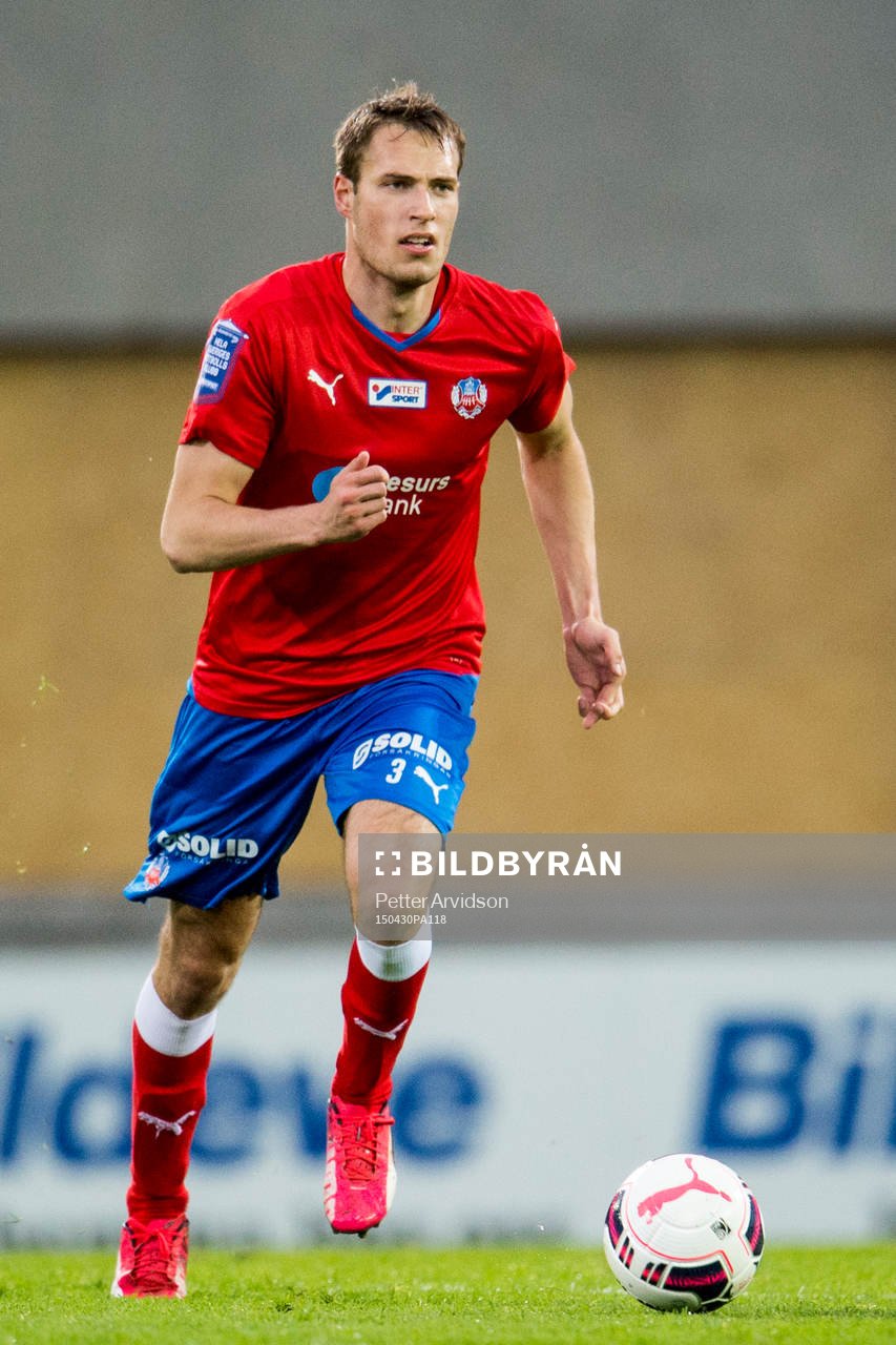 Helsingborgs Frederik Helstrup Jensen under fotbollsmatchen i Allsvenskan mellan Helsingborg och GIF Sundsvall den 30 april 2015 i Helsingborg.