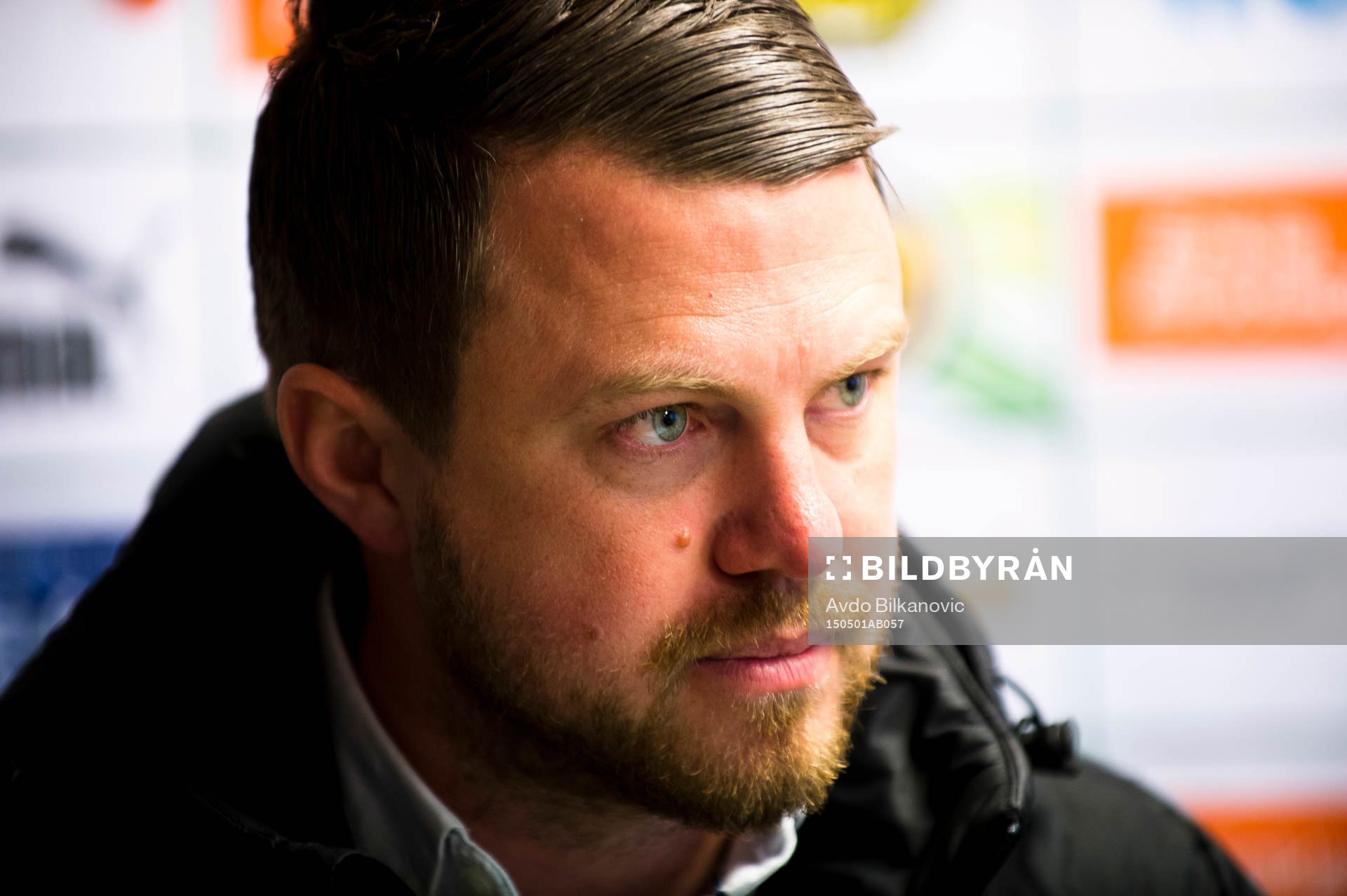 Jönköpings Södras tränare Jimmy Thelin under fotbollsmatchen i Superettan mellan Mjällby och Jönköping den 1 maj 2015 i Mjällby