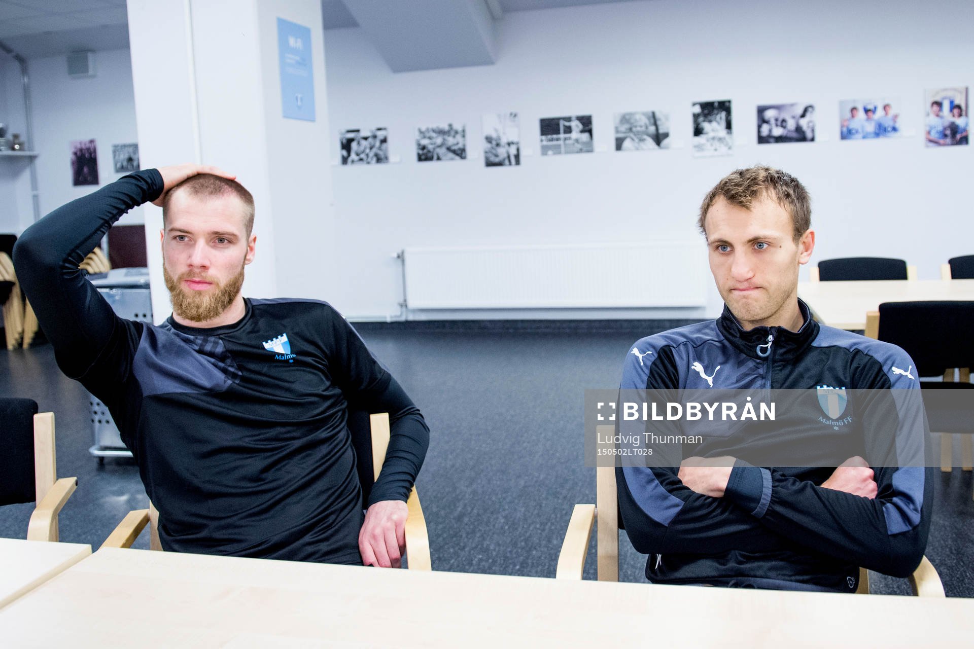 Malmö FFs Jo Inge Berget och Magnus Wolff Eikrem intervjuas efter en träning den 2 maj 2015 i Malmö. 