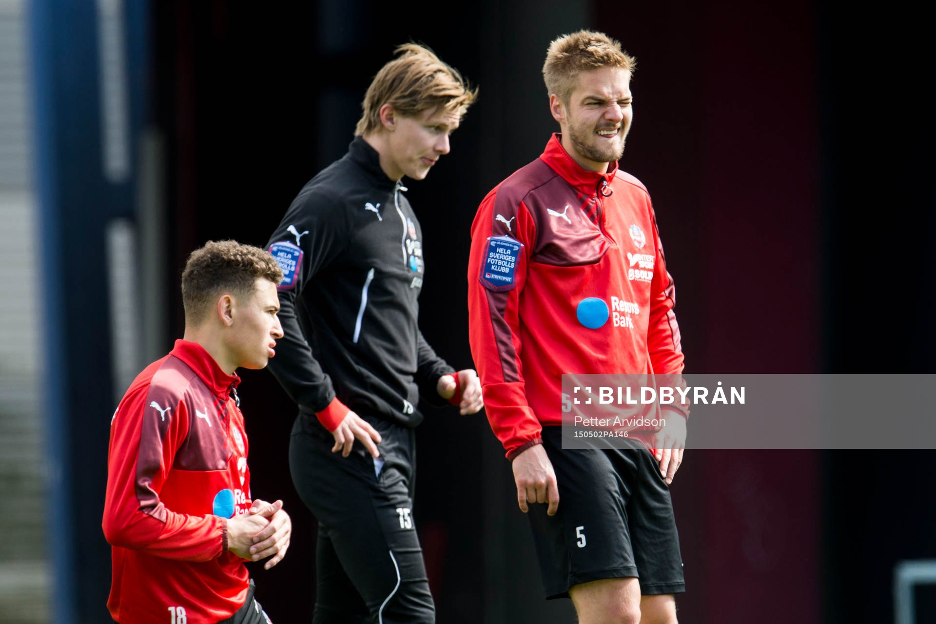 Helsingborgs Jordan Larsson, Emil Krafth och Johan Mårtensson under Helsingborgs träning inför derbyt den 2 maj 2015 i Helsingborg.