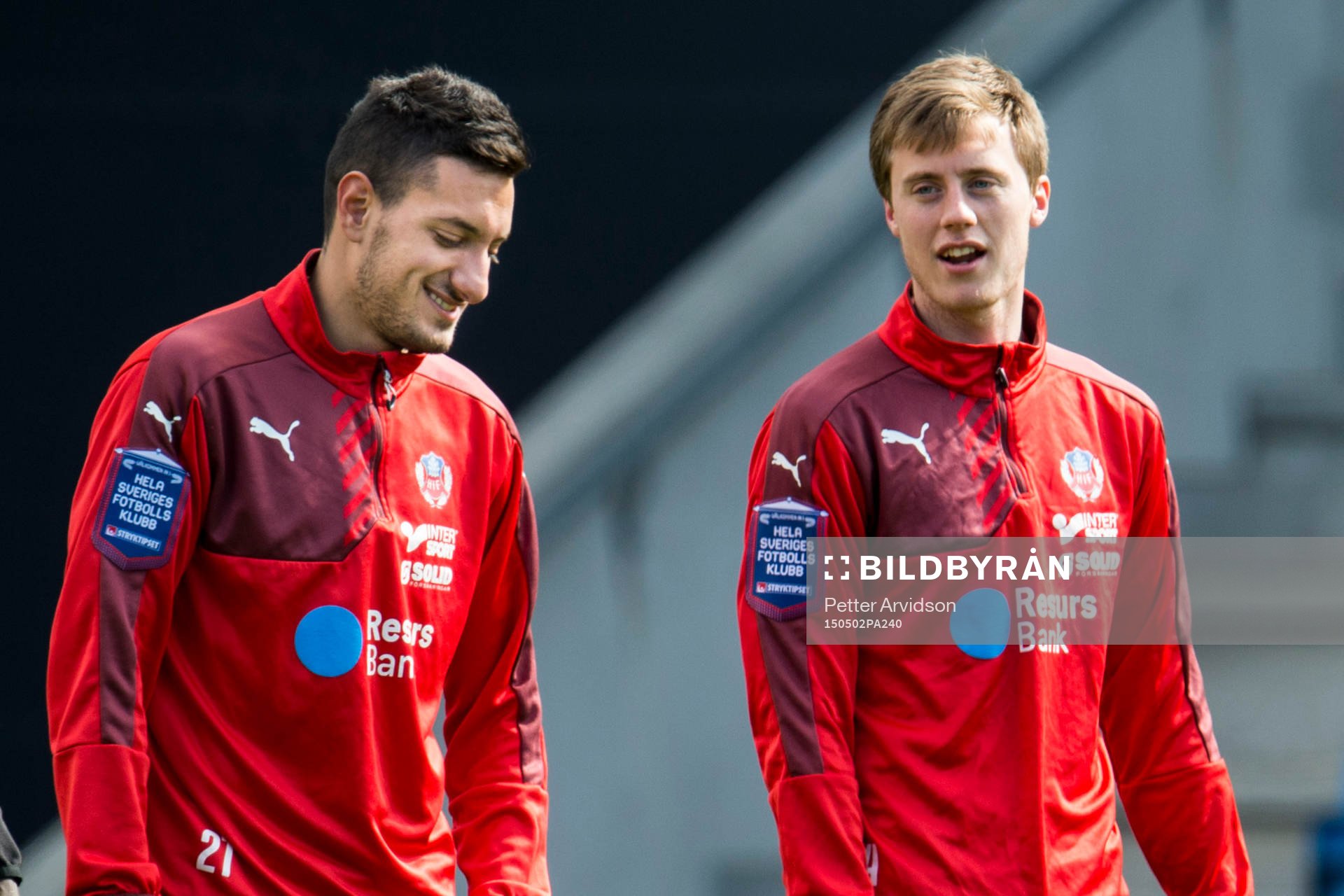 Helsingborgs Mohamed Ramadan och Anton Kinnander under Helsingborgs träning inför derbyt den 2 maj 2015 i Helsingborg.