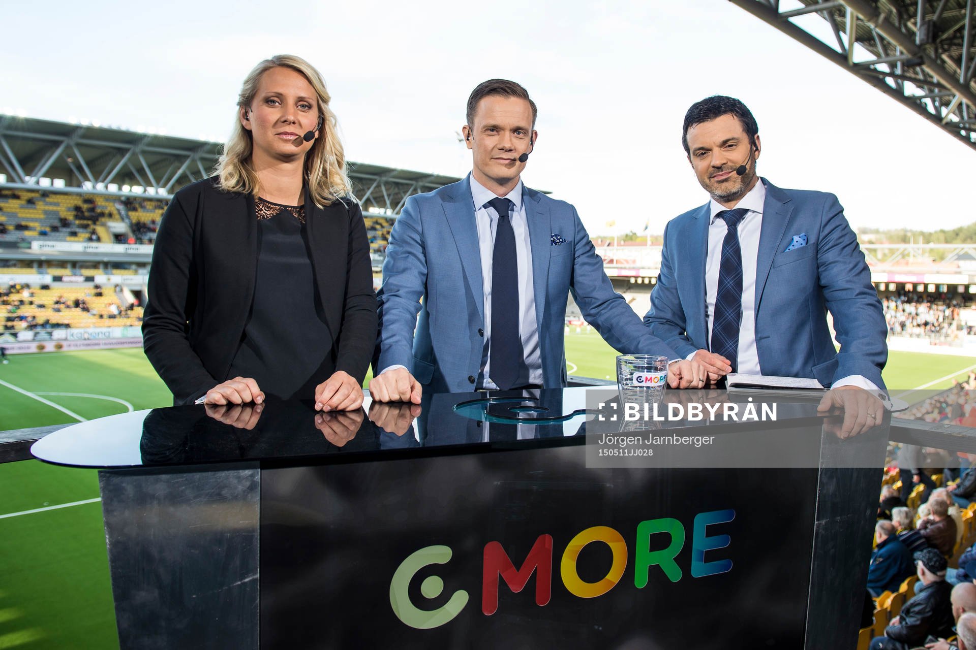 Malin Jonsson, Jon Persson och Tommy Åström i Cmore studion under en fotbollsmatch i Allsvenskan mellan Elfsborg och Malmö FF den 11 maj 2015 i Borås.