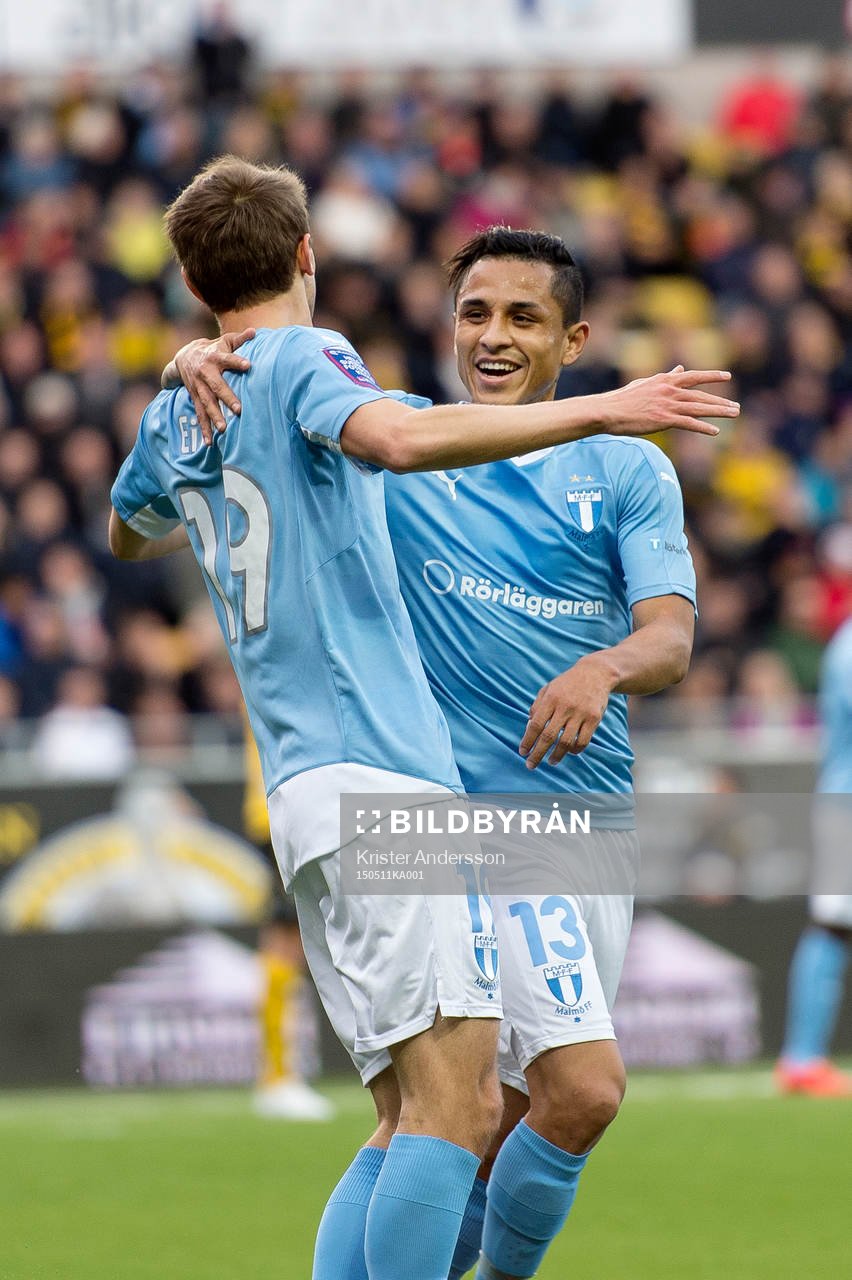 Malmö FFs Magnus Wolff Eikrem gör 0-1 och gratuleras av