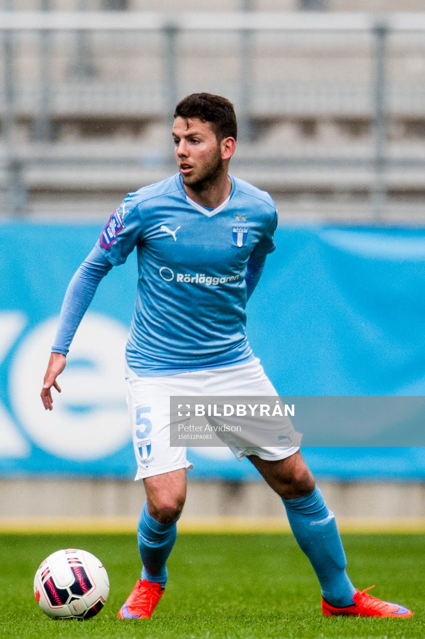 Malmö FFs Erdal Rakip under fotbollsmatchen i U21 Allsvenskan södra mellan Malmö FF och Halmstad den 12 maj 2015 i Malmö.