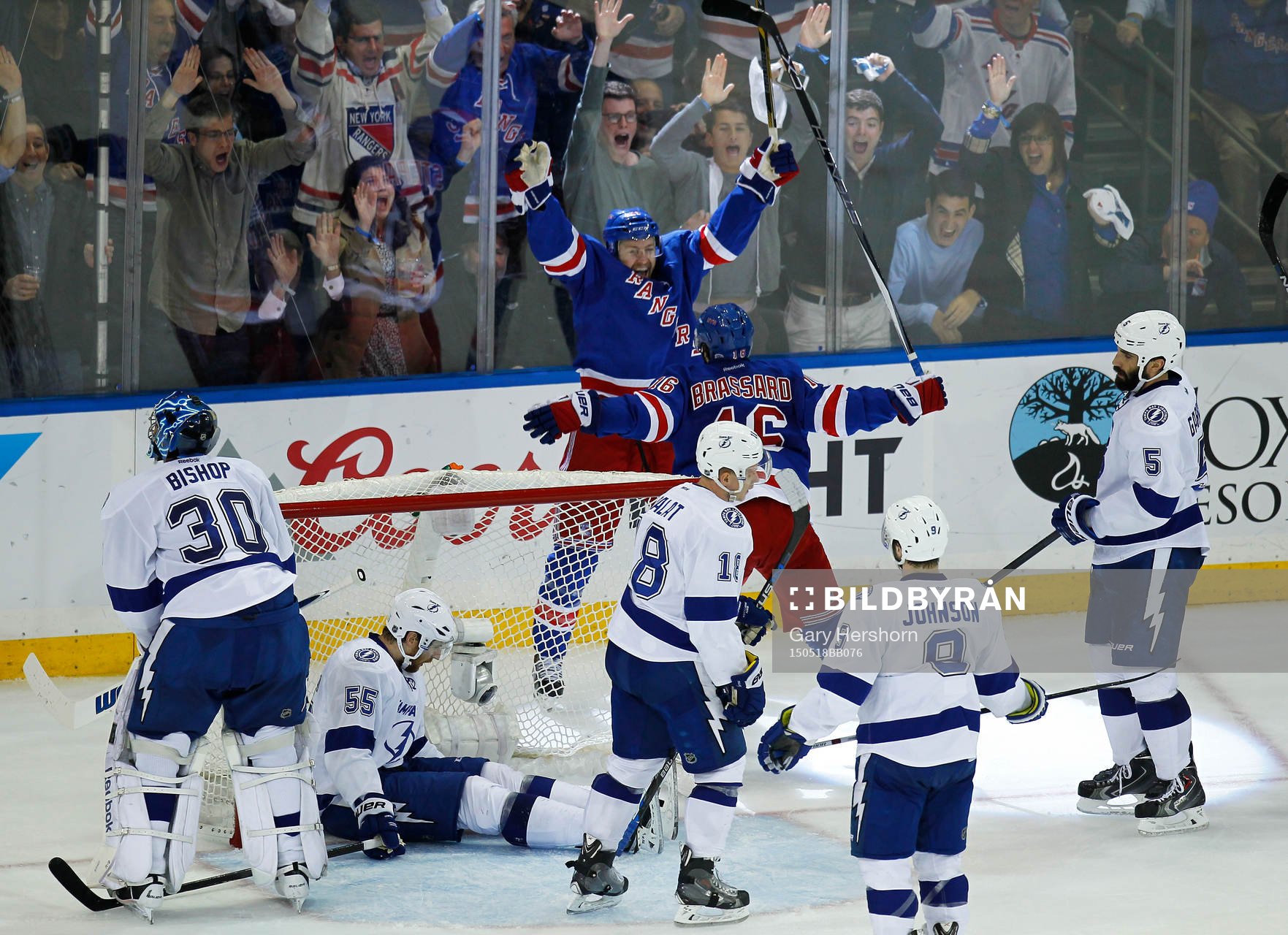 New York Rangers Derek Stepan (top) celebrates scoring with