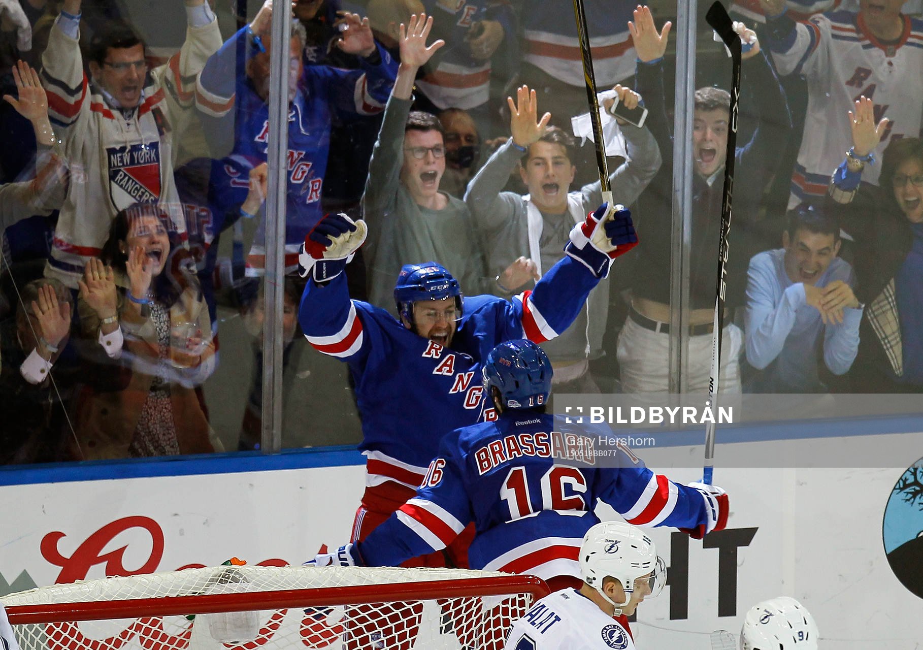 New York Rangers Derek Stepan (top) celebrates scoring with