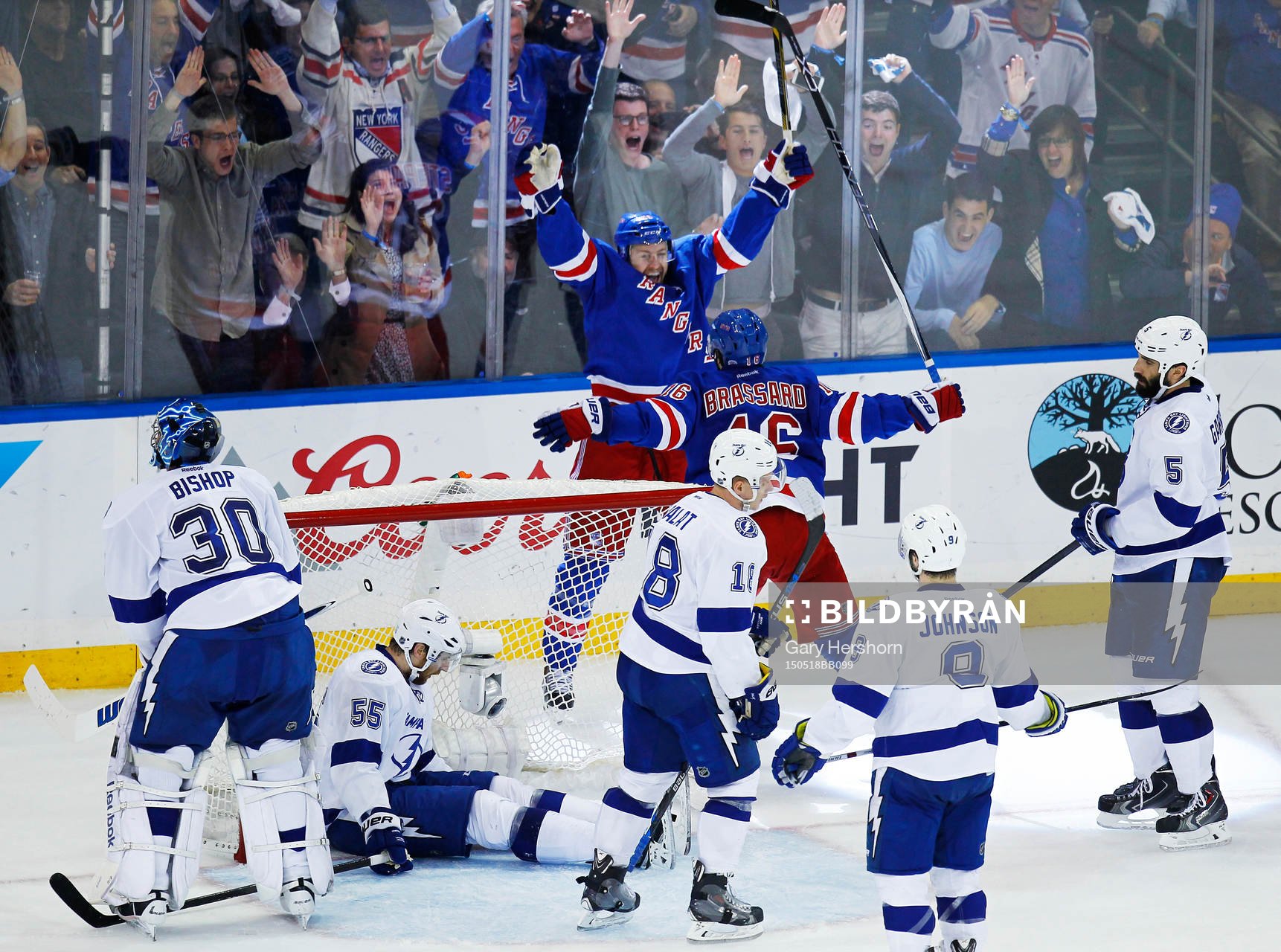 New York Rangers Derek Stepan (top) celebrates scoring with