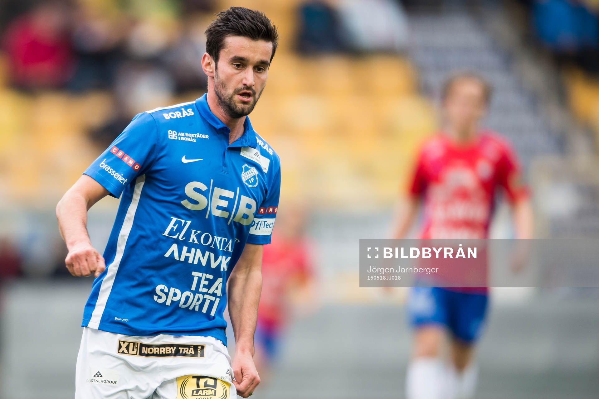 Norrbys Elmin Kurbegovic under en fotbollsmatch i division 1 södra mellan Norrby och Örgryte den 18 maj 2015 i Borås.