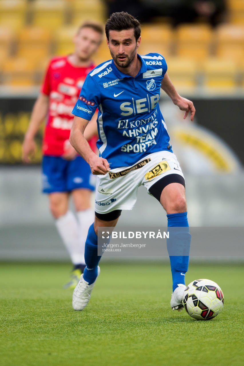 Norrbys Elmin Kurbegovic under en fotbollsmatch i division 1 södra mellan Norrby och Örgryte den 18 maj 2015 i Borås.