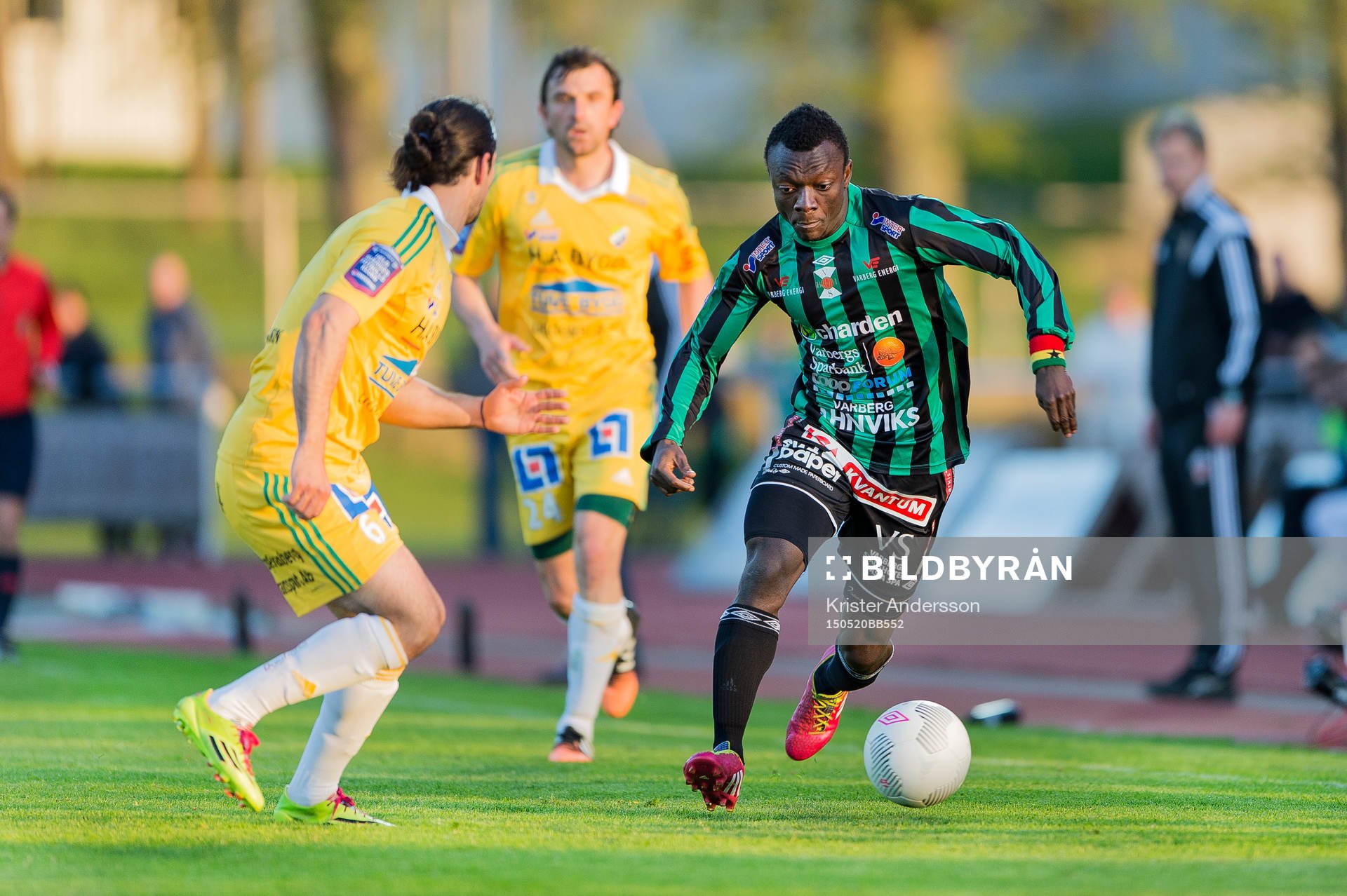 Varbergs Thomas Boakye under fotbollsmatchen i Superettan mellan Varberg och Ljungskile den 20 maj 2015 i Varberg.