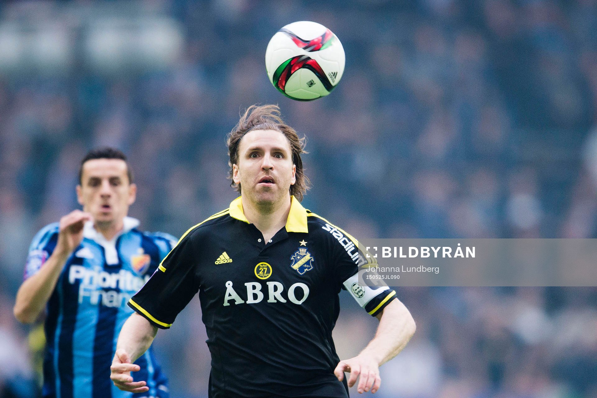 AIK:s Nils-Eric Johansson under fotbollsmatchen i Allsvenskan mellan Djurgården och AIK den 25 maj 2015 i Stockholm. 