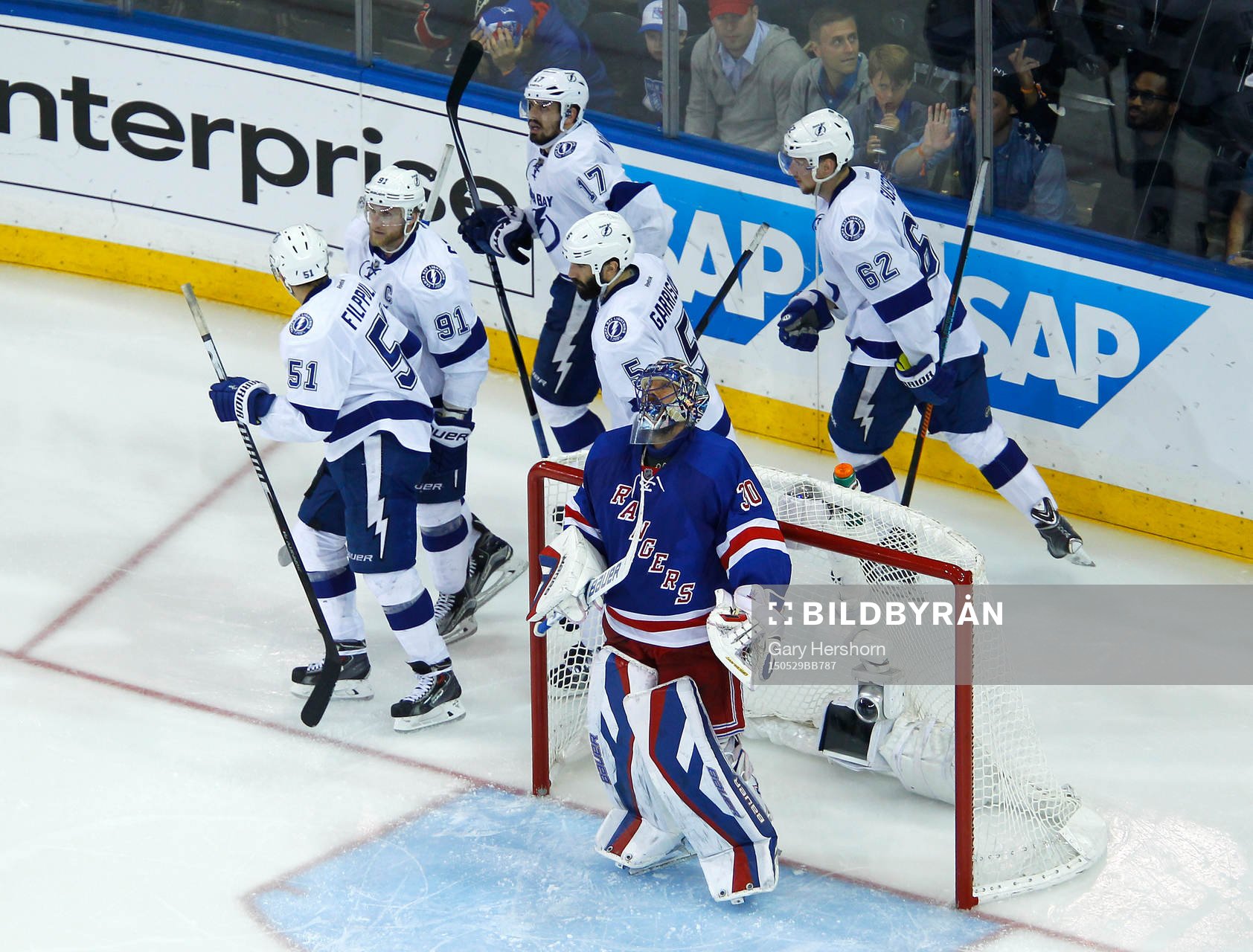 New York Rangers goalie Henrik Lundqvist looks up as Tampa