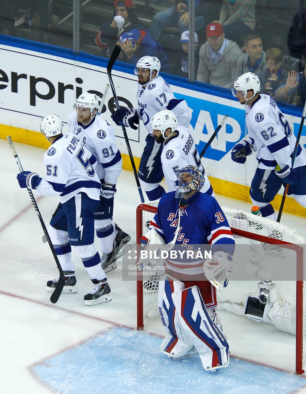New York Rangers goalie Henrik Lundqvist looks up as Tampa