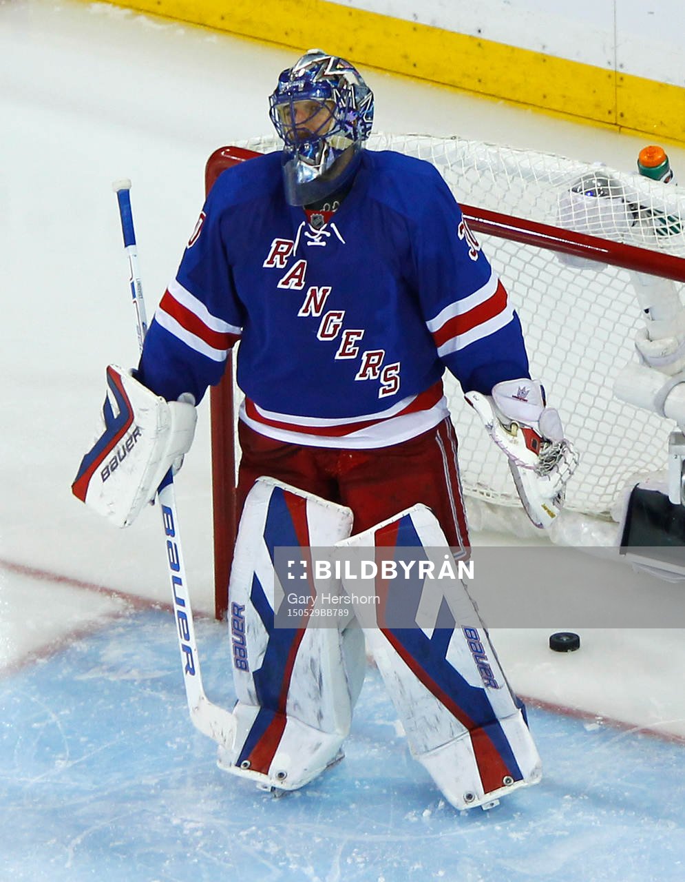 New York Rangers goalie Henrik LUndqvist stands in the