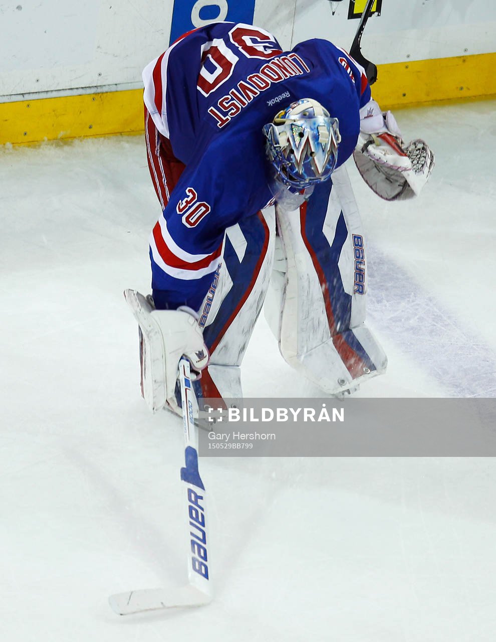 New York Rangers goalie Henrik Lundqvist slams his stick