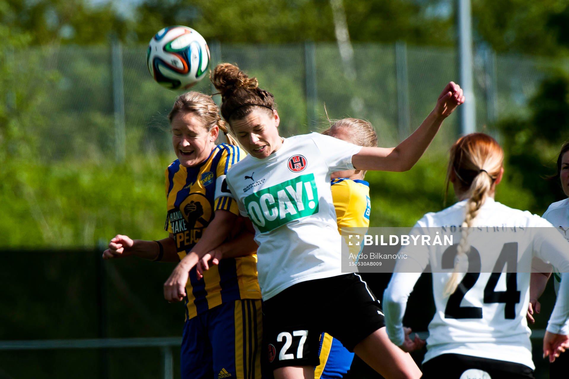 Hittarps Lina Larsson nickar under fotbollsmatchen i Div 1 Södra Götaland damer mellan Eskilsminne DIF och Hittarps IK den 30 maj 2015 i Helsingborg.